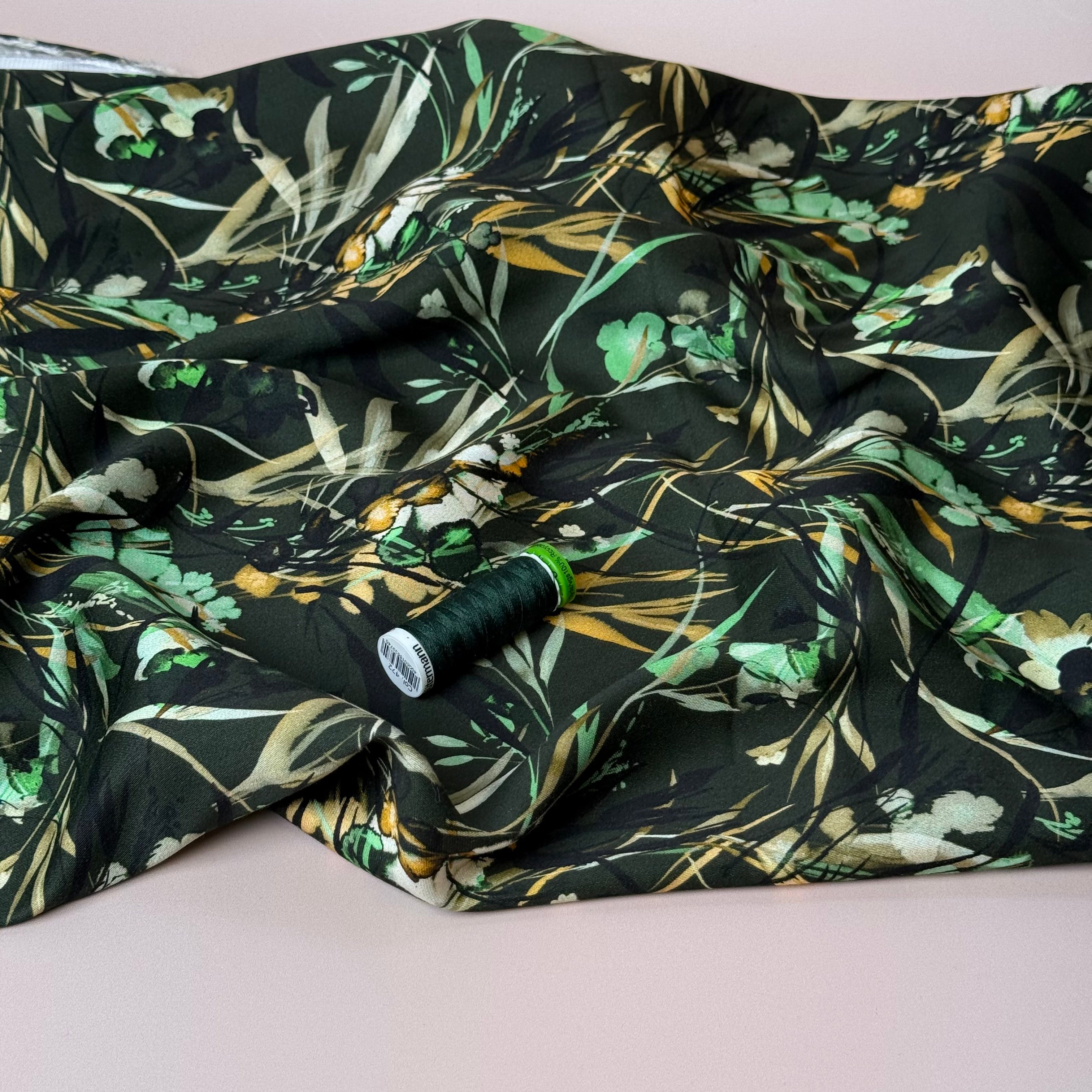 REMNANT 1.88 Metres - Autumn Foliage Dark Green Viscose Sateen Fabric