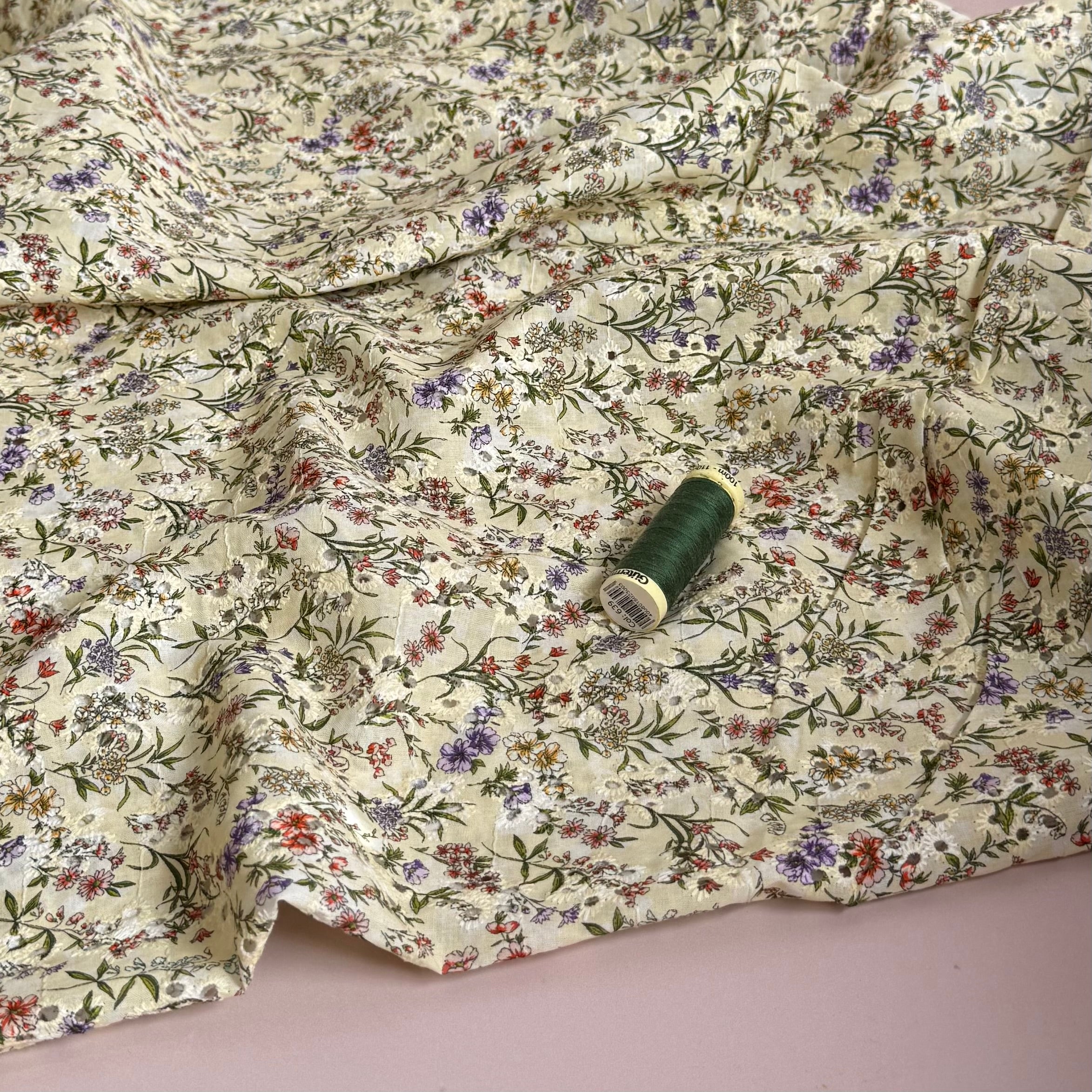 Ditsy Meadow on Embroidered Cotton Voile Fabric