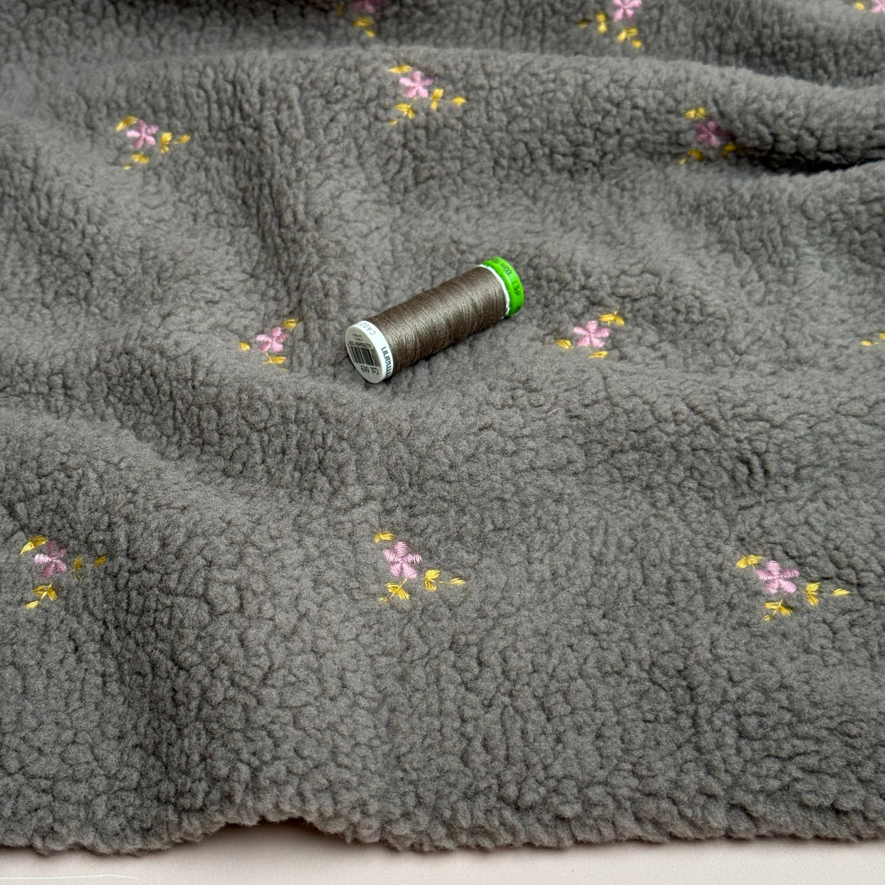 Teddy Fabric with Embroidered Flowers in Grey