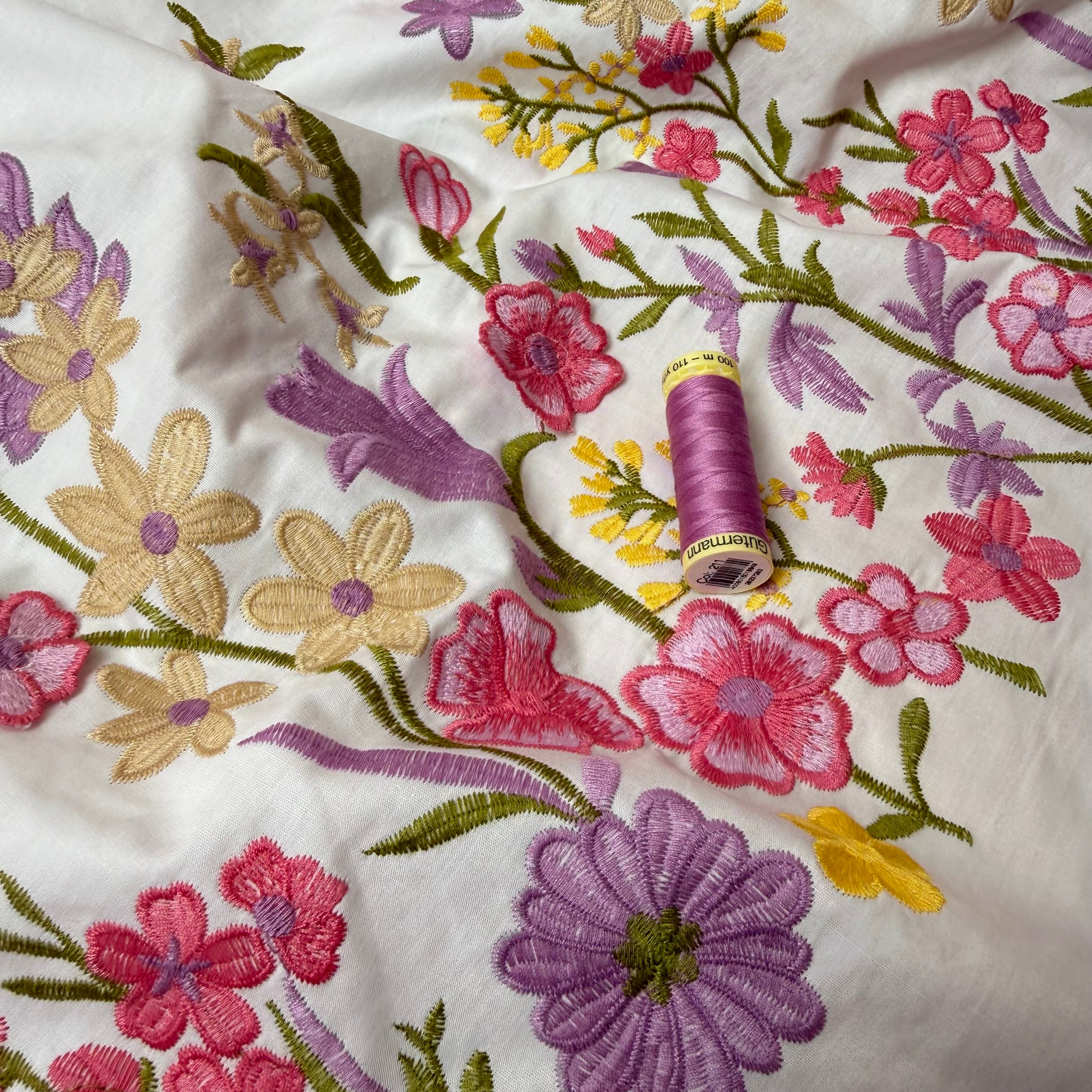 Pink Floral Border Embroidered Cotton Fabric