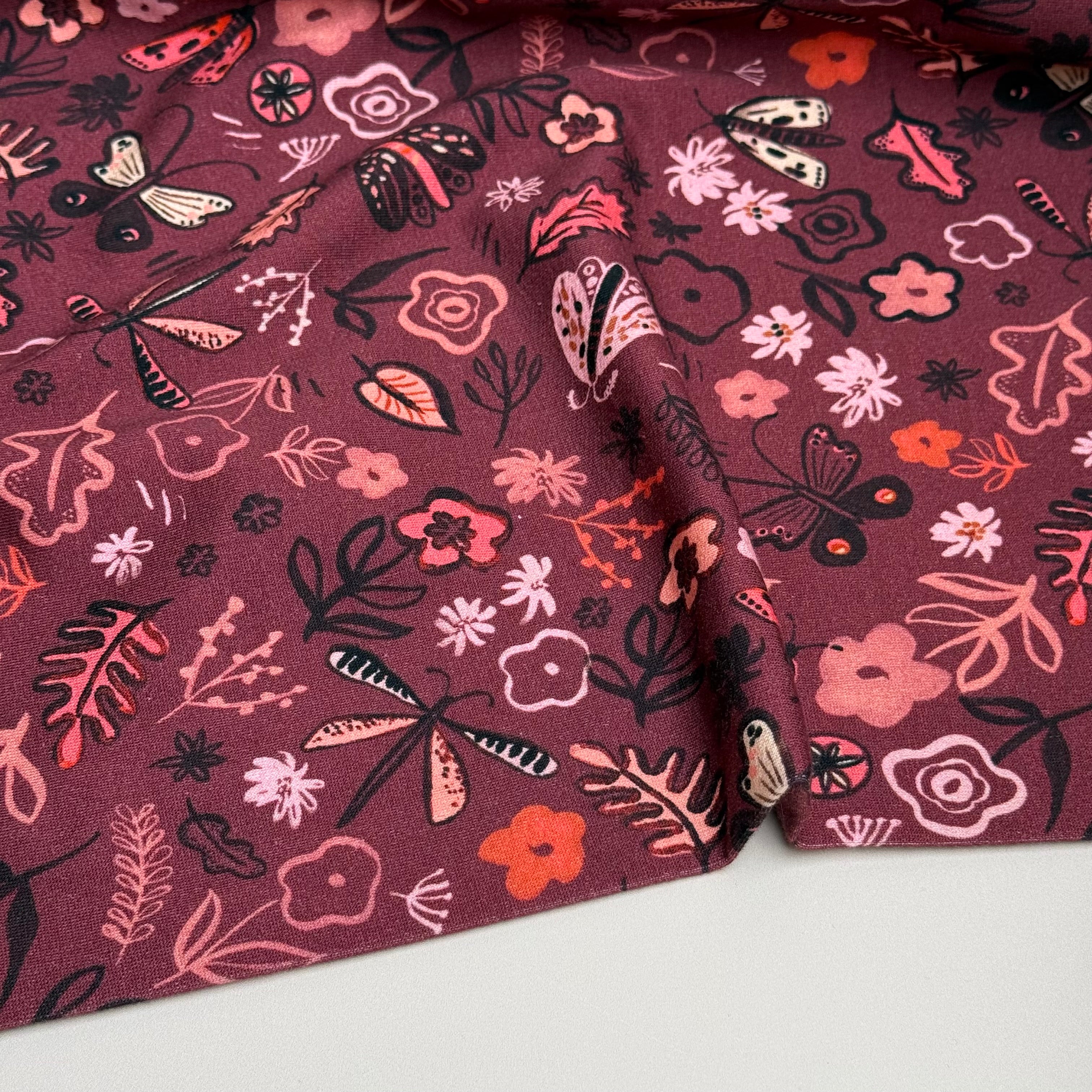 Autumn Doodles Burguny Cotton French Terry Fabric