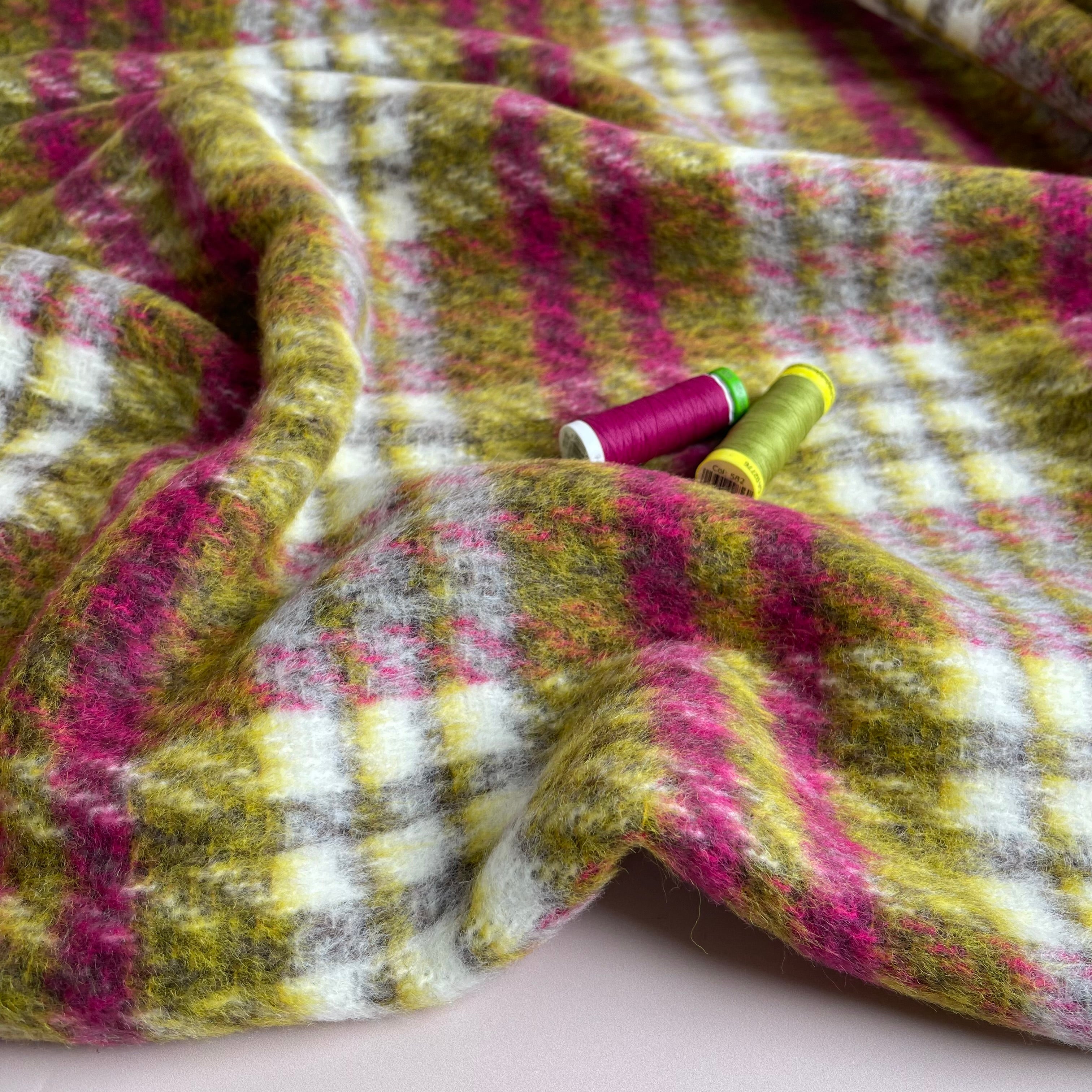Kirstie in Green and Pink Checked Wool & Cotton Blend Coat Fabric