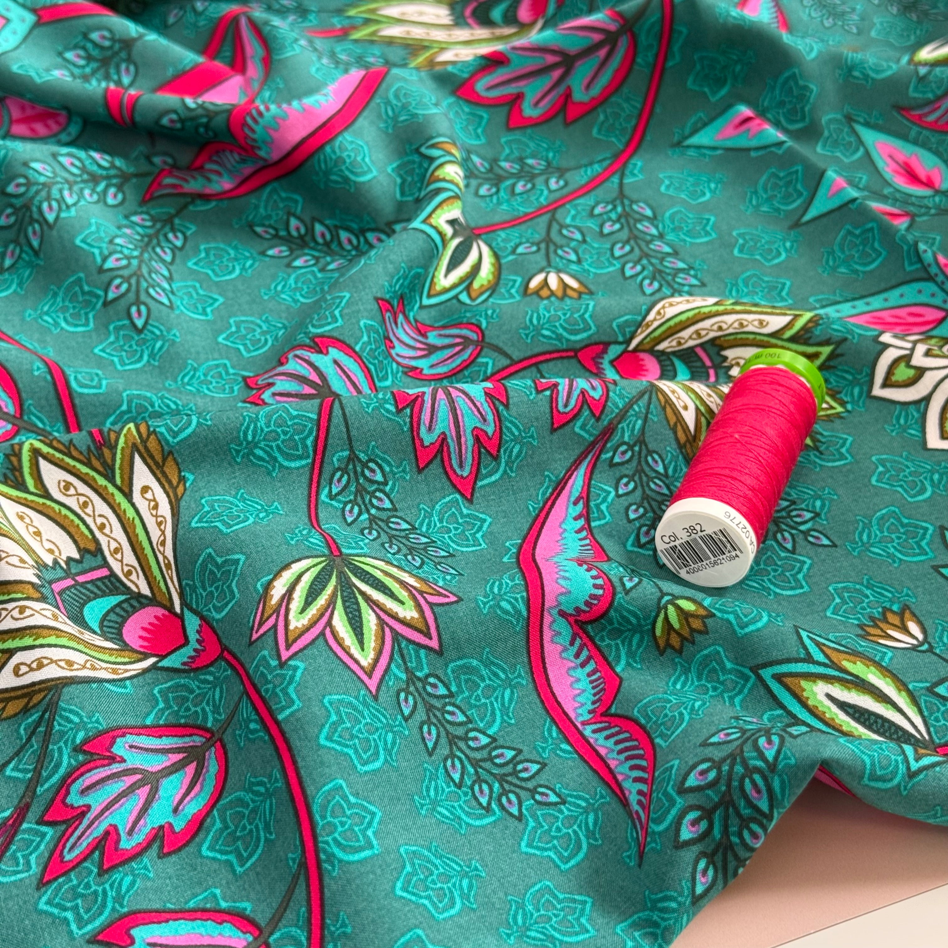 Lotus Flowers Teal Viscose Voile Fabric