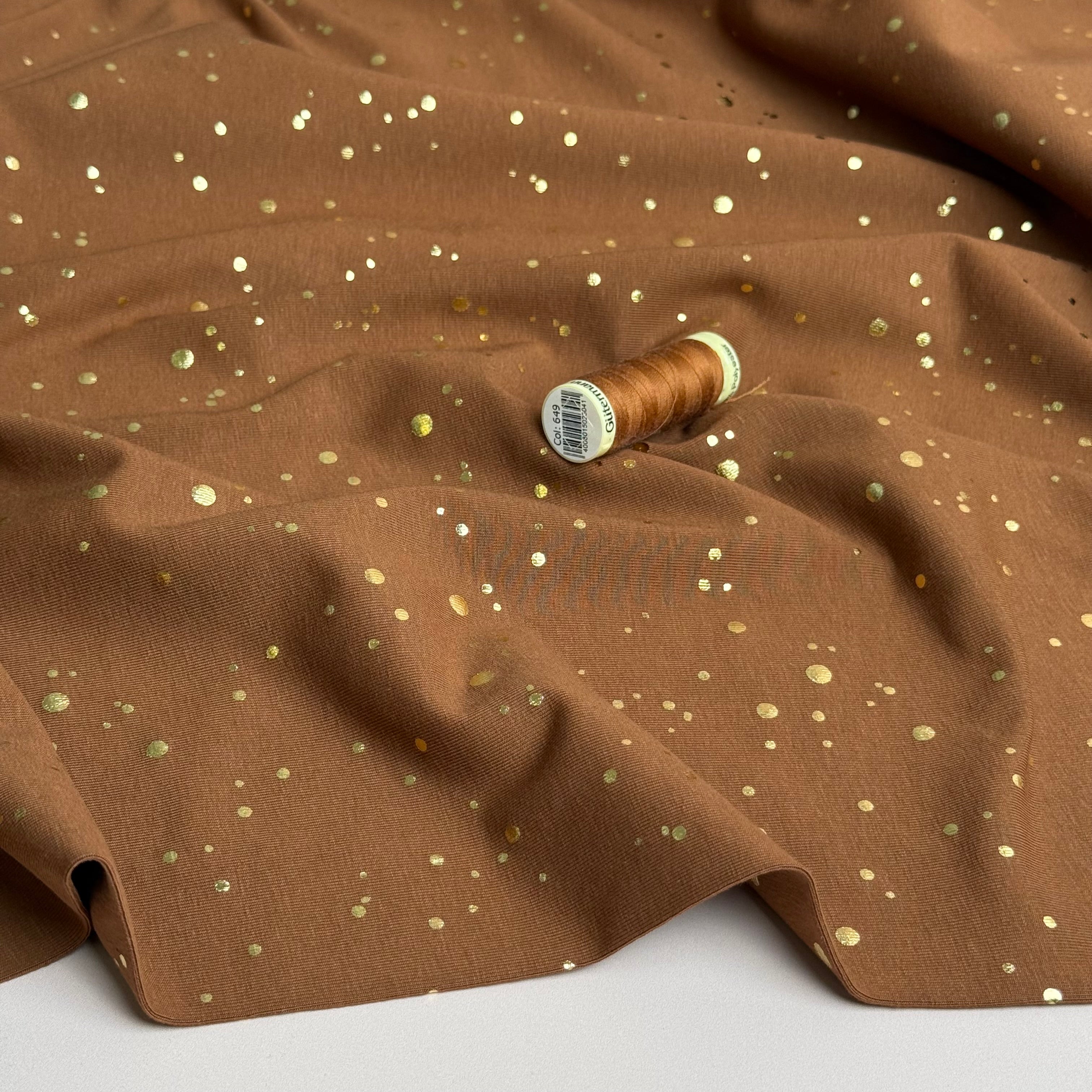 Gold Confetti on Brown Cotton Jersey Fabric