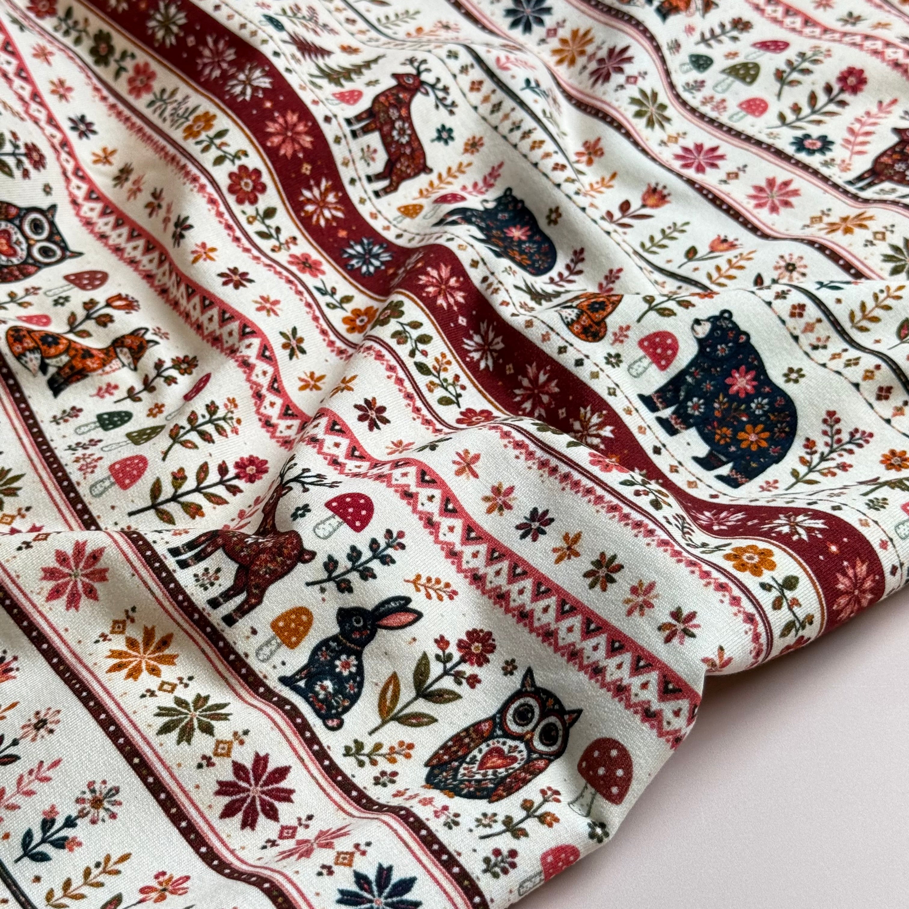Nordic Animals & Floral Stripes Soft Cotton Sweat-shirting Fabric