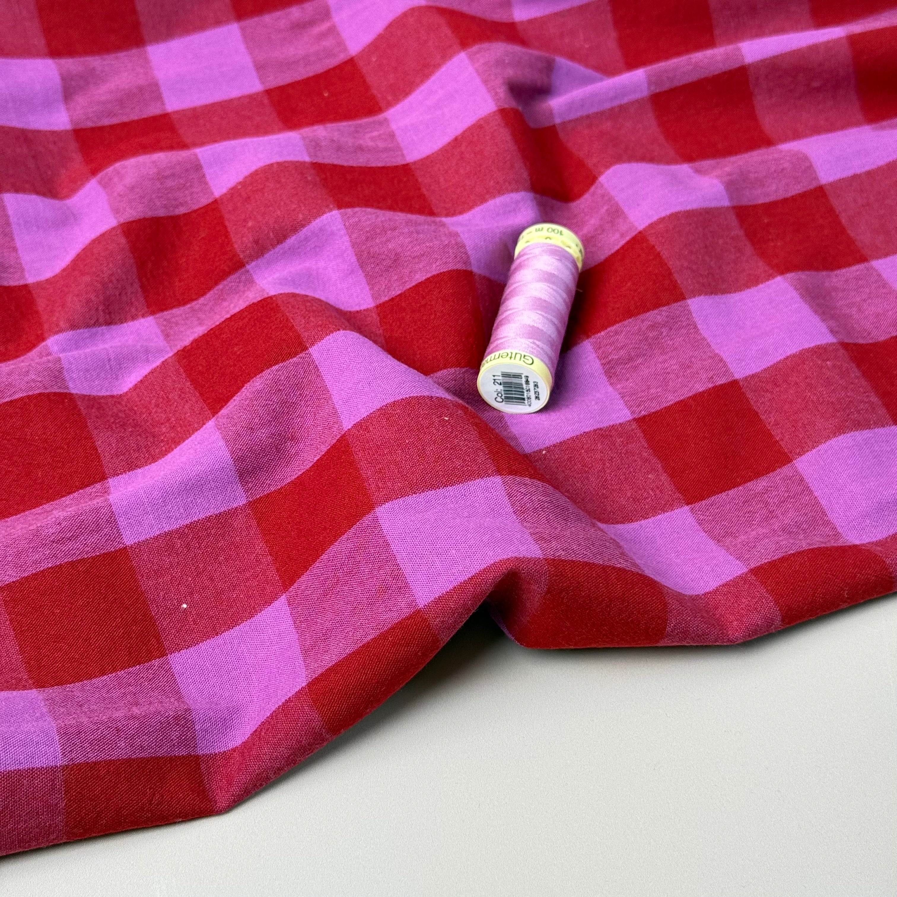 Yarn Dyed Washed Cotton Check Fabric in Red and Fuchsia