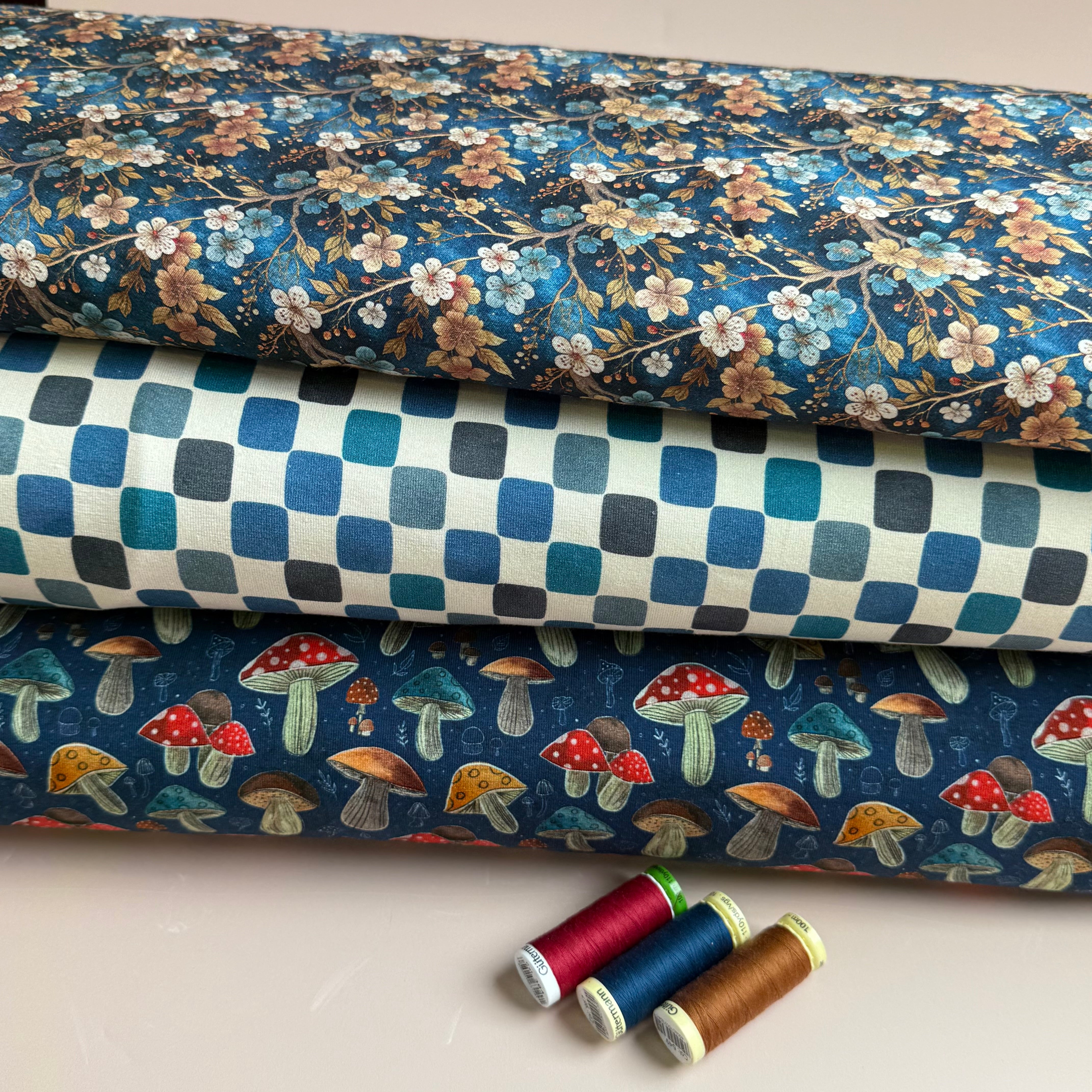 Checkers Blue Cotton Jersey Fabric