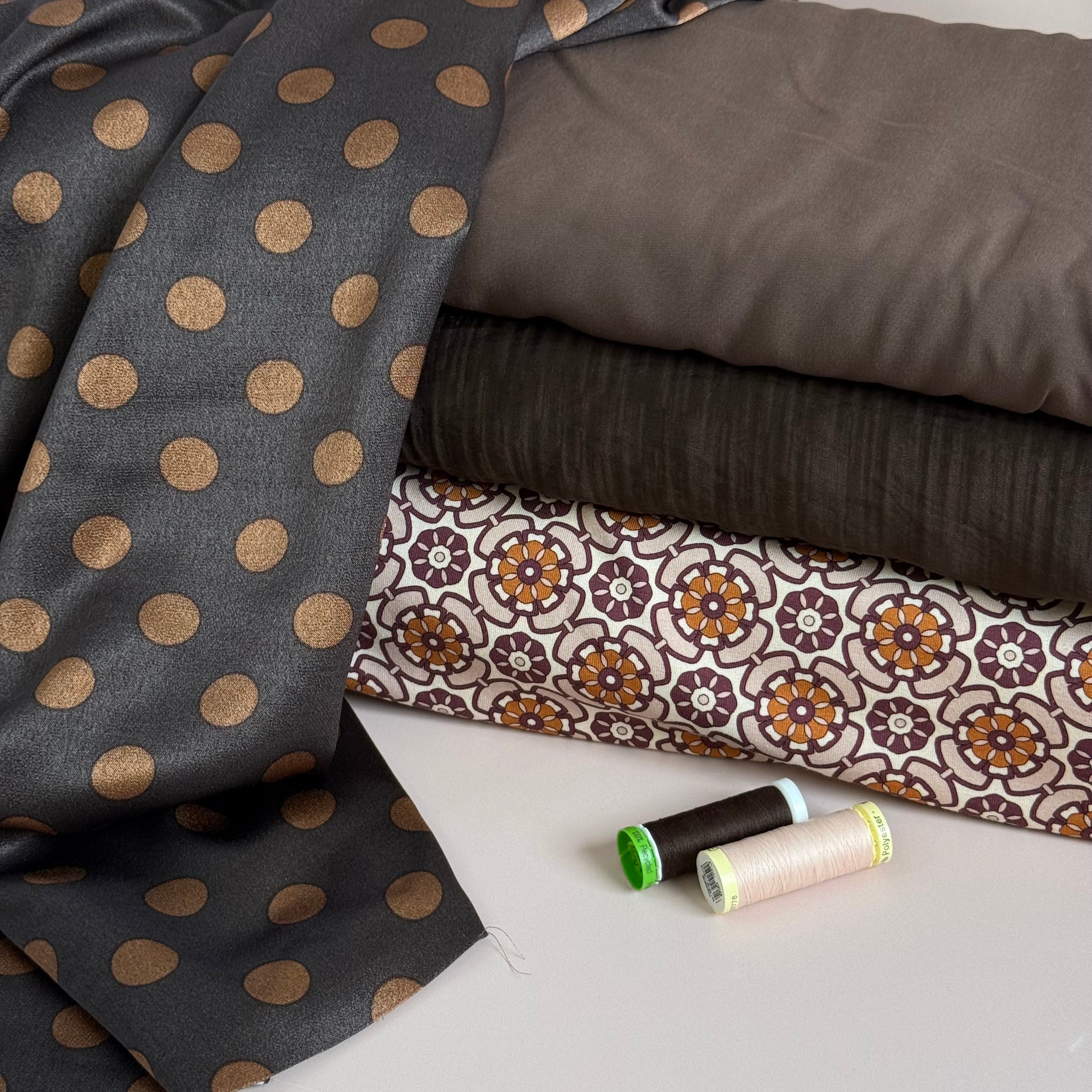 Polka Caramel on Brown Spun Viscose Sateen Fabric