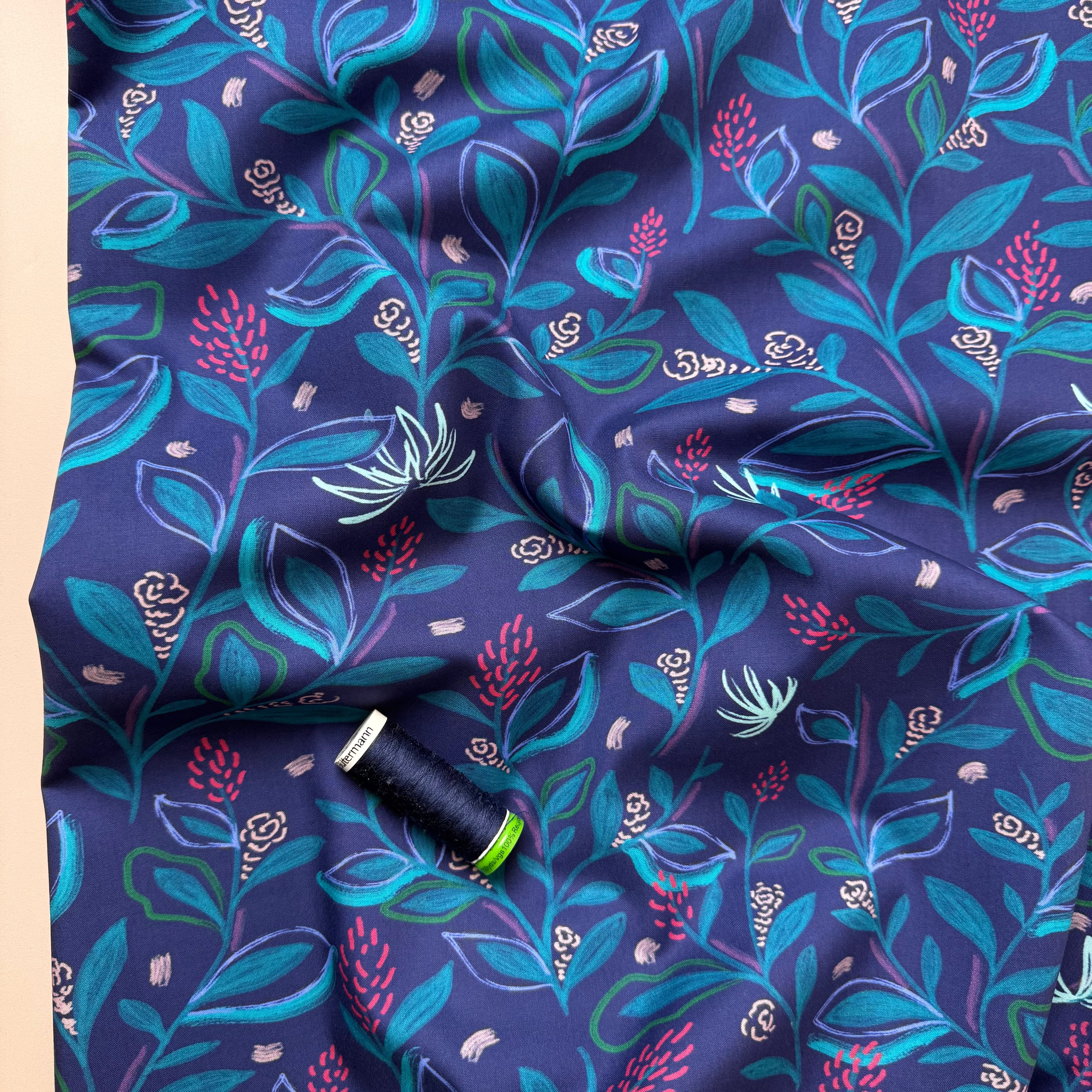 Flowering Branches in Blue Fine Cotton Poplin Fabric