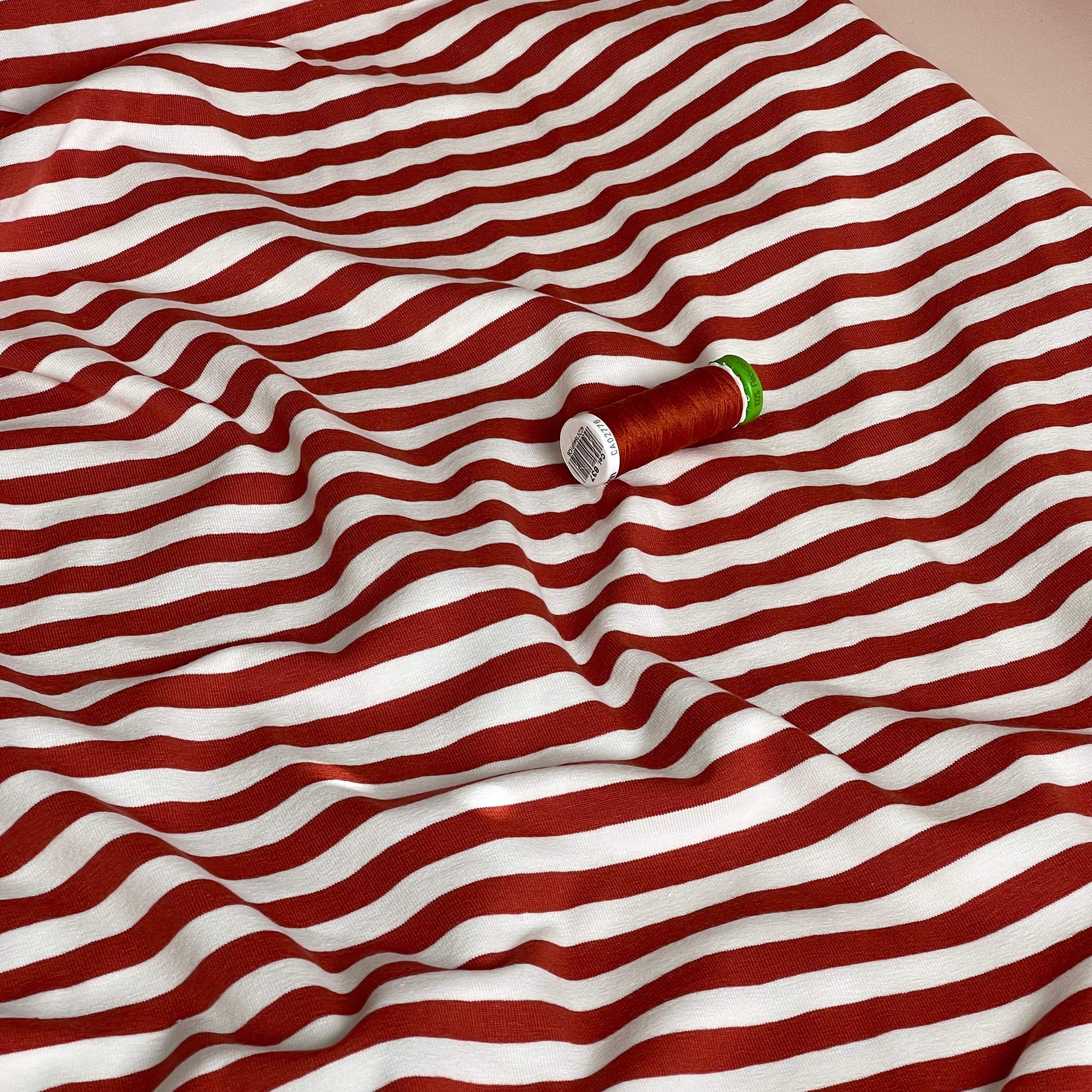 Yarn Dyed Brick Red Breton Stripe Cotton Jersey Fabric