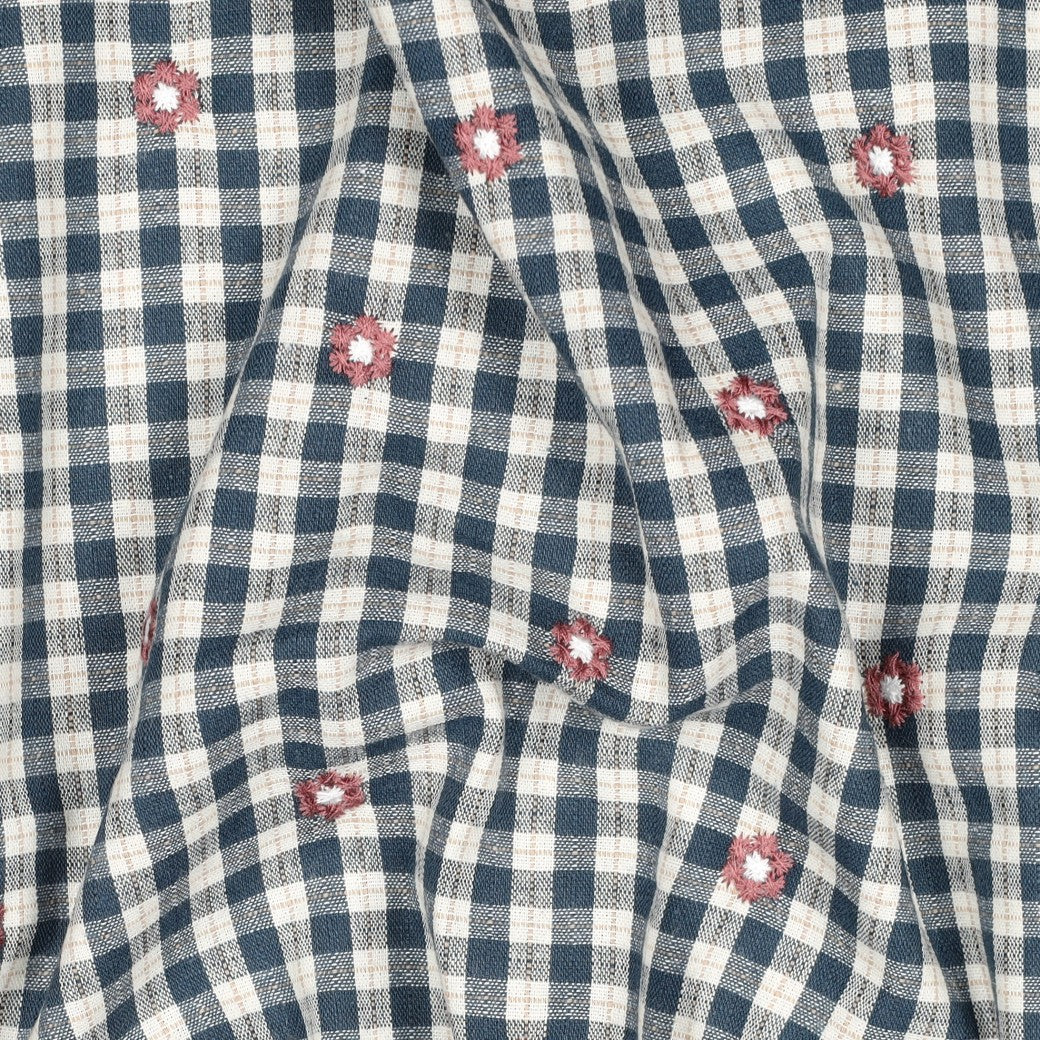 Embroidered Flowers on Petrol Gingham Cotton Viscose Fabric