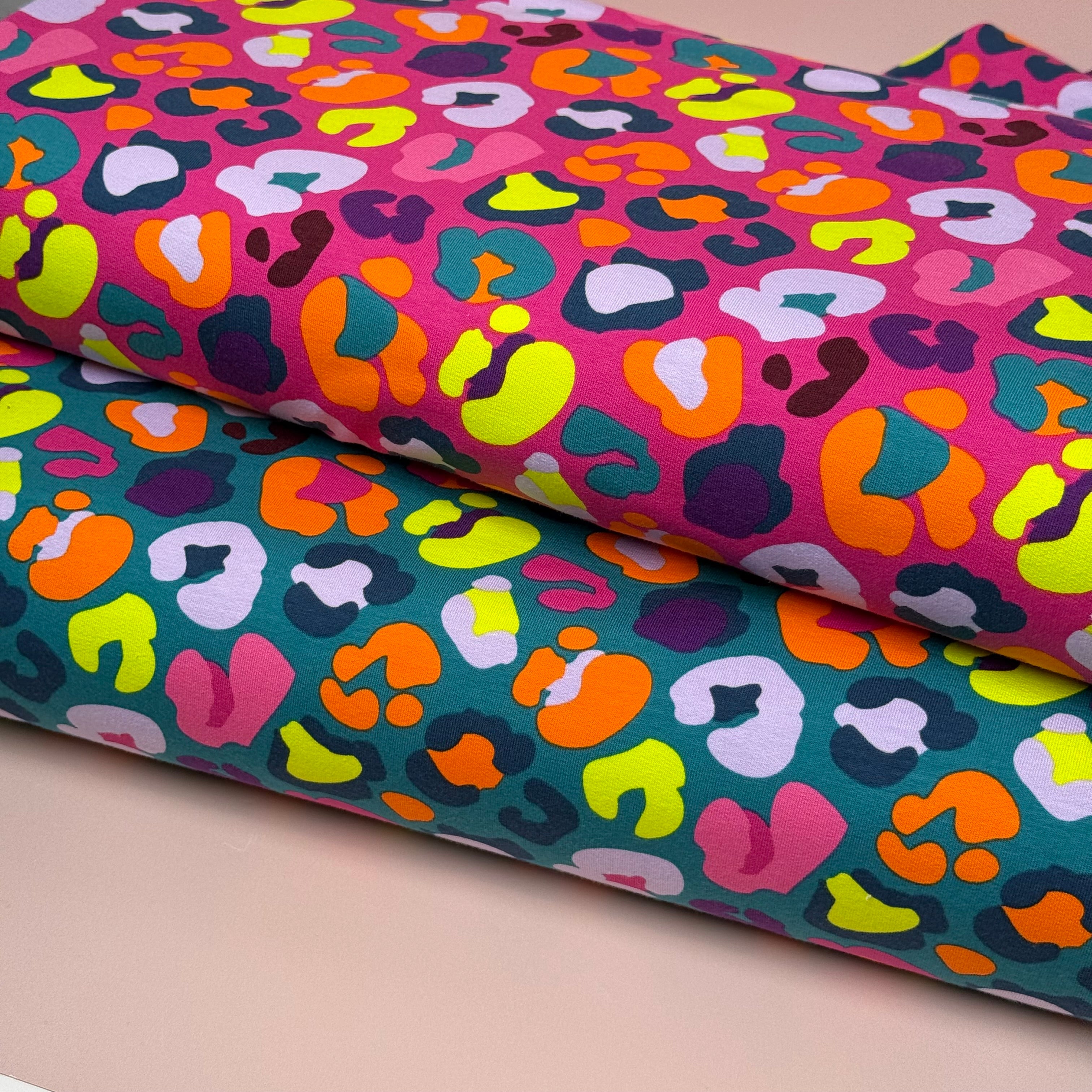 Rainbow Leopard on Teal Cotton French Terry