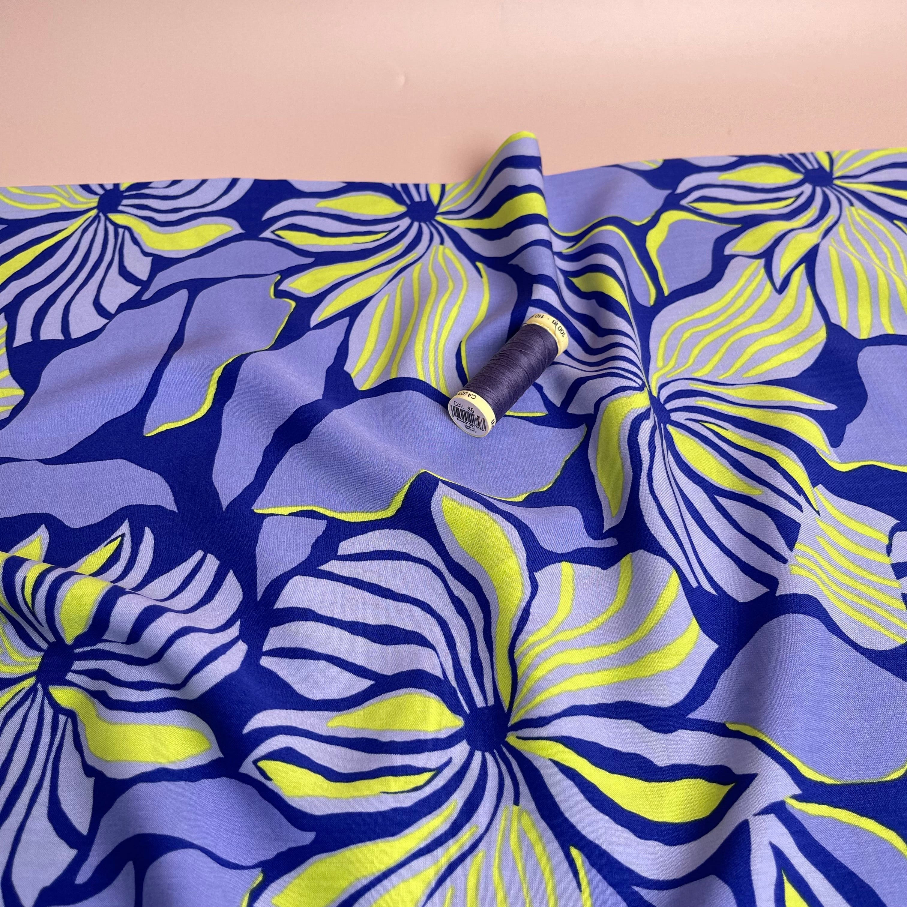 Bold Painted Flowers on Blue LENZING™ ECOVERO™ Viscose Fabric