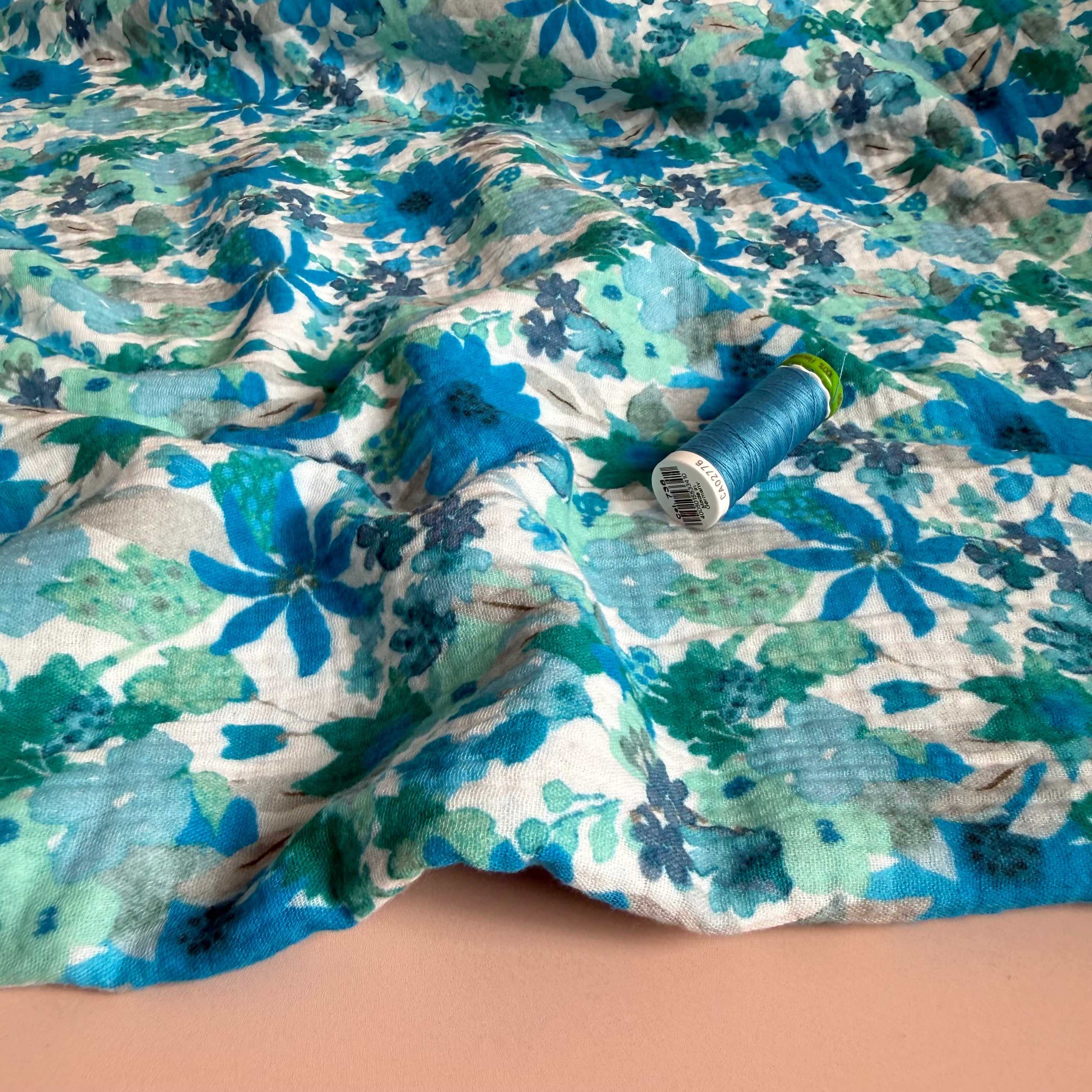 Turquoise Flowers Cotton Double Gauze