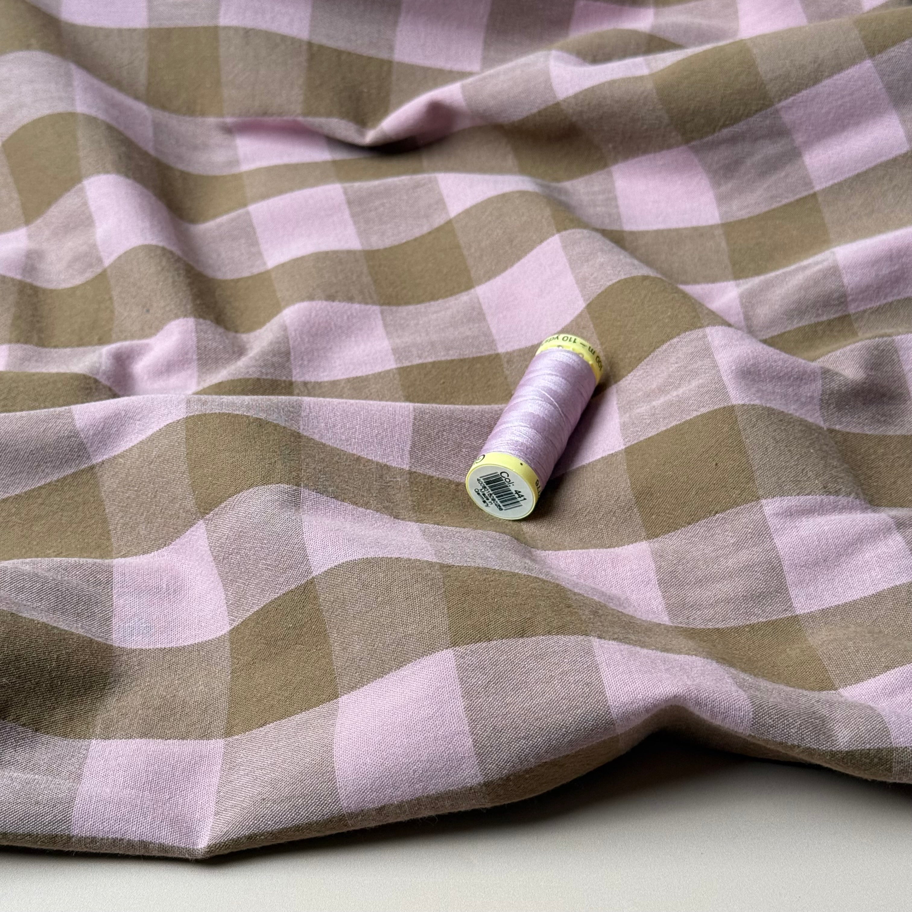 Yarn Dyed Washed Cotton Check Fabric in Rose and Taupe