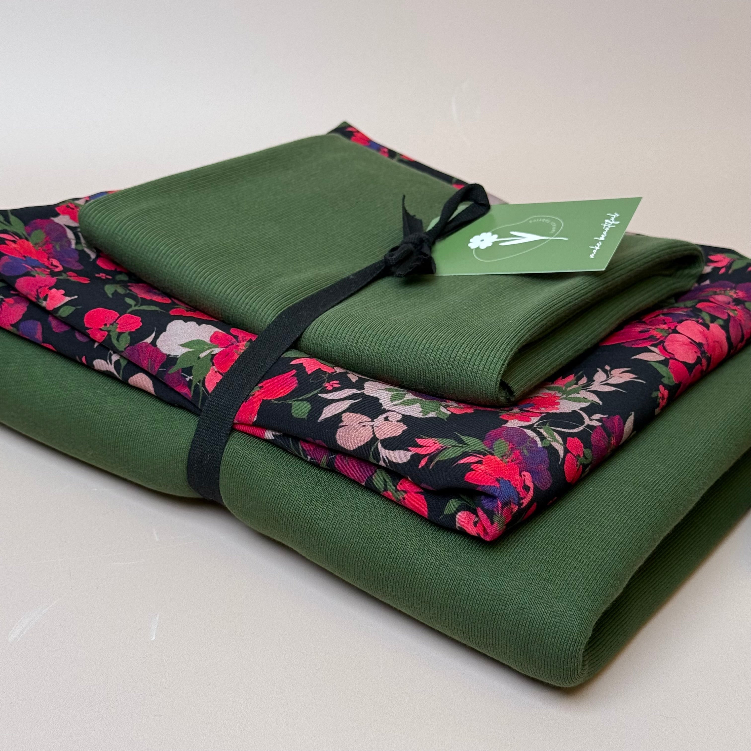 Make an Outfit Colour Bundle - Rosehip Viscose & Brushed Sweatshirt in Green Khaki with Ribbing