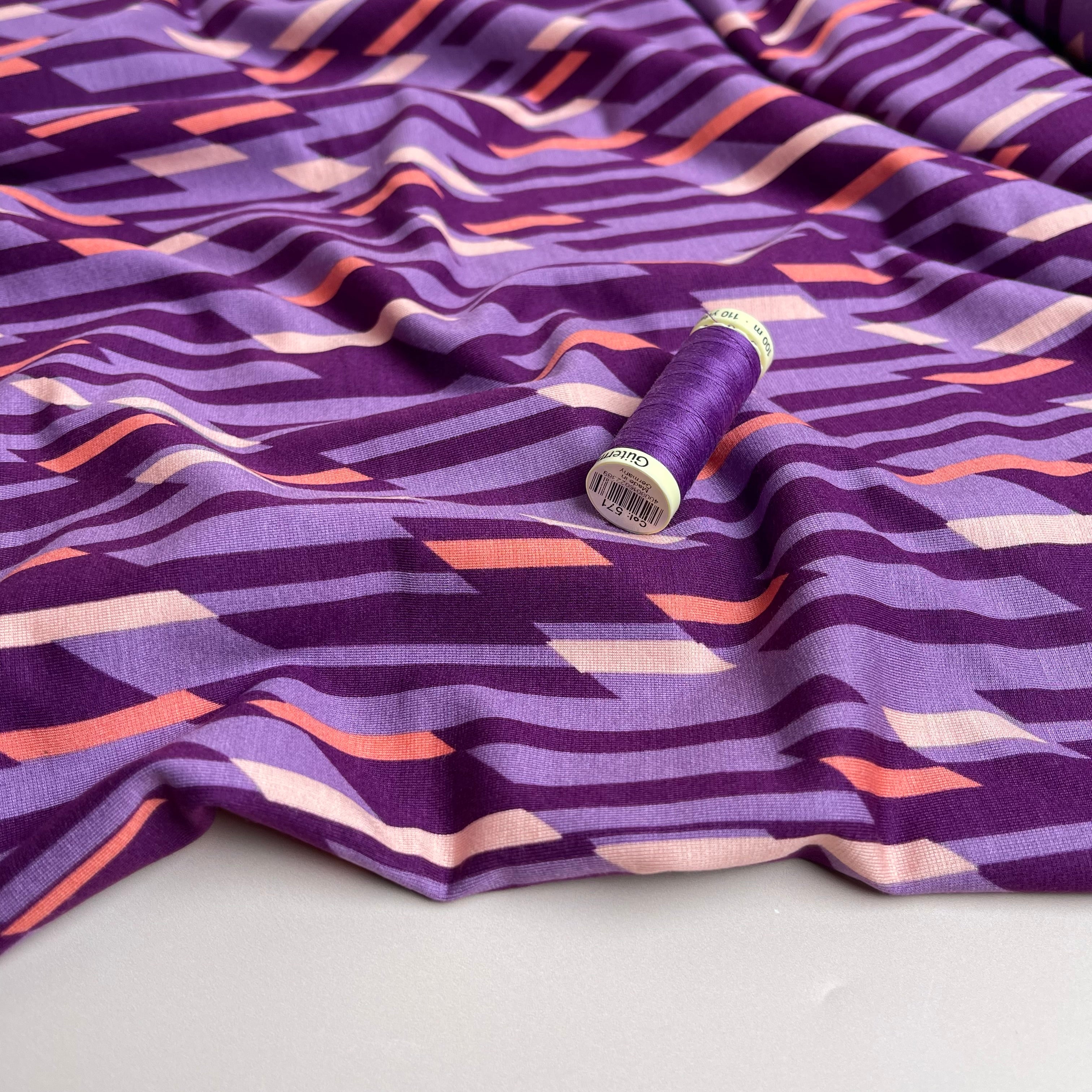 Abstract Lines Purple Viscose Ponte Roma Double Knit Fabric