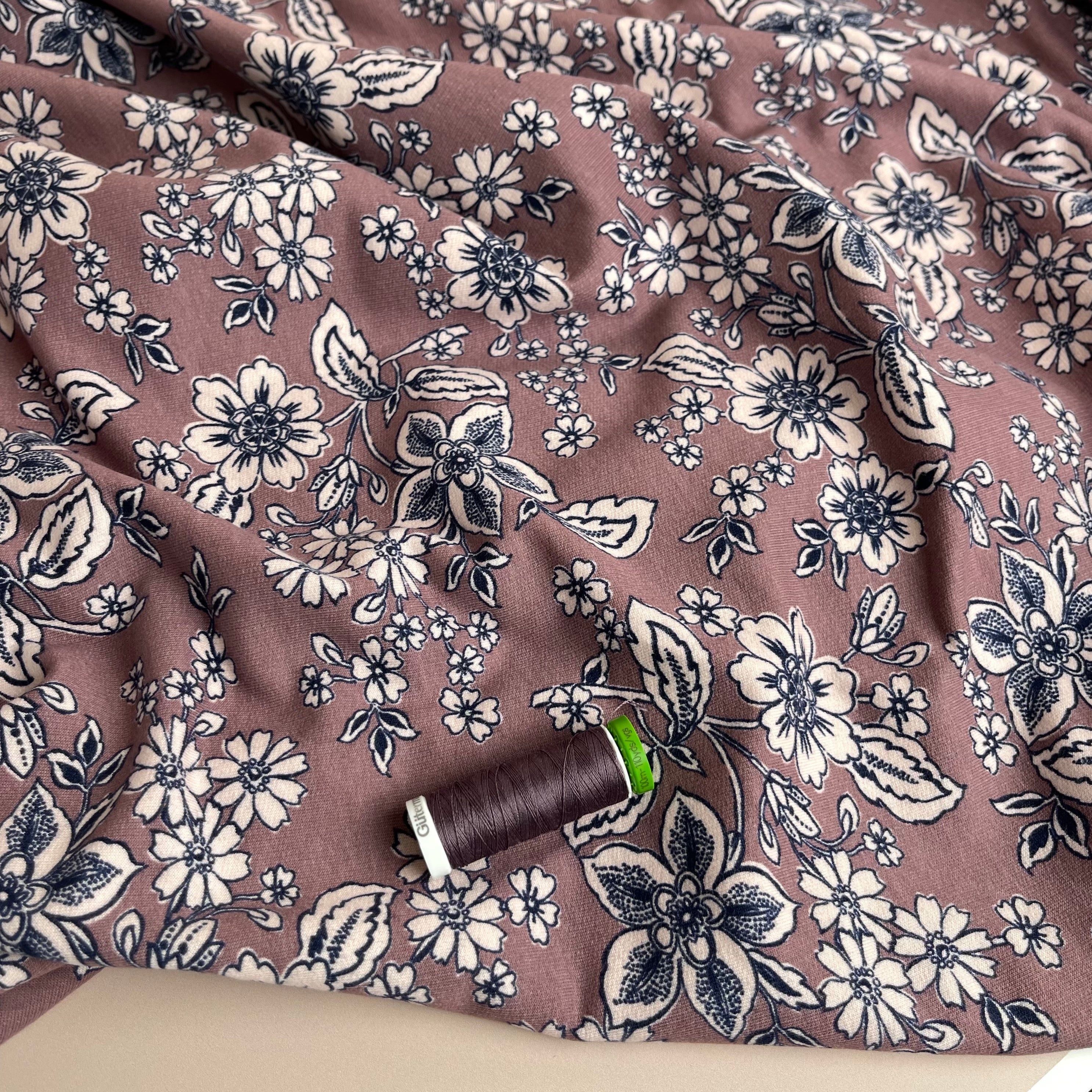 Line Flowers Mauve Peach Soft Cotton Sweat-shirting Fabric