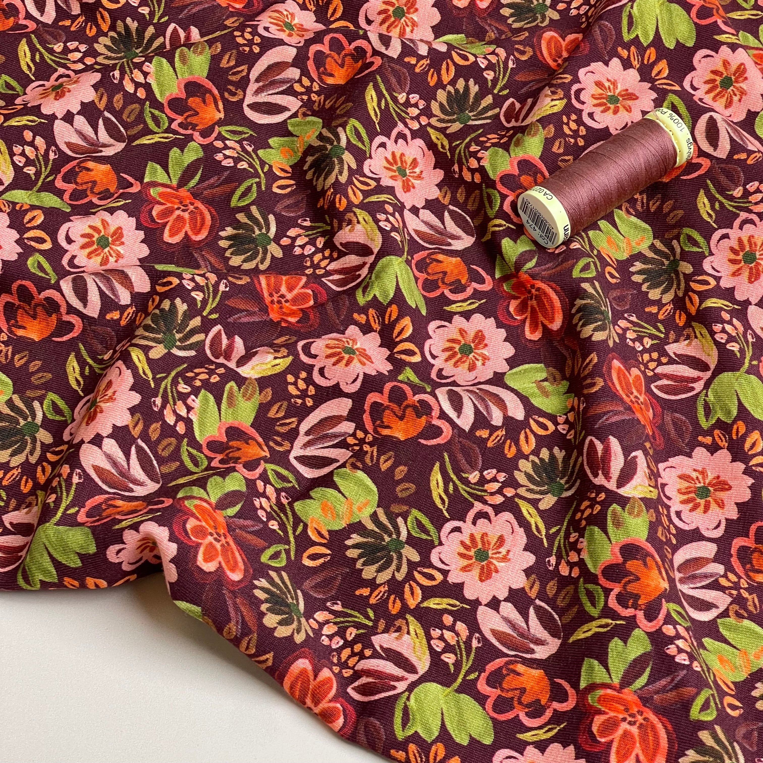 Autumn Flowers Burgundy Cotton Jersey Fabric