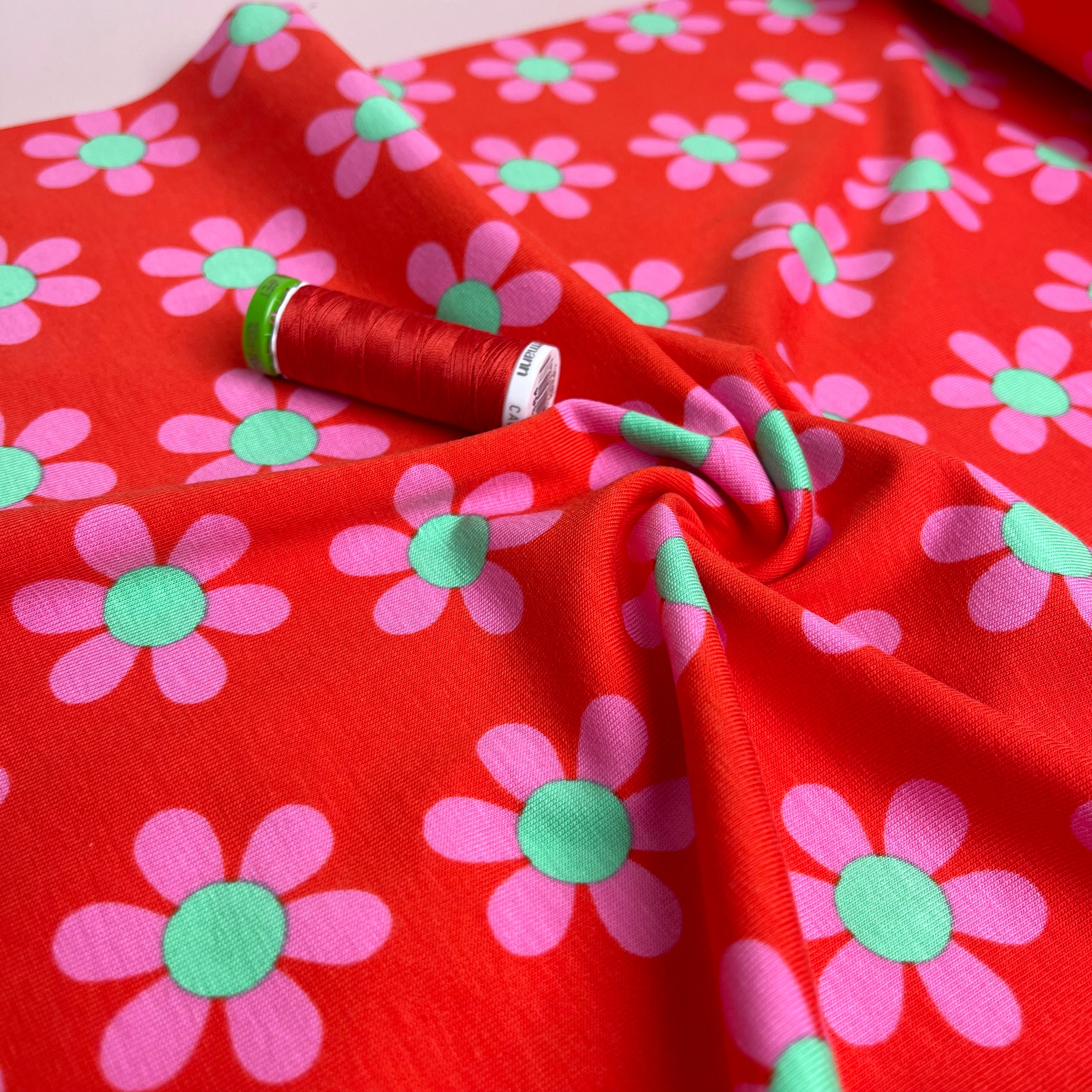 Graphic Flowers Red Cotton Jersey Fabric