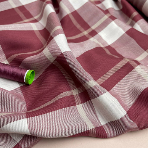 REMNANT 2 Metres (with fault, a cut in one place from selvedge edge) Yarn Dyed Burgundy Checked Viscose Fabric