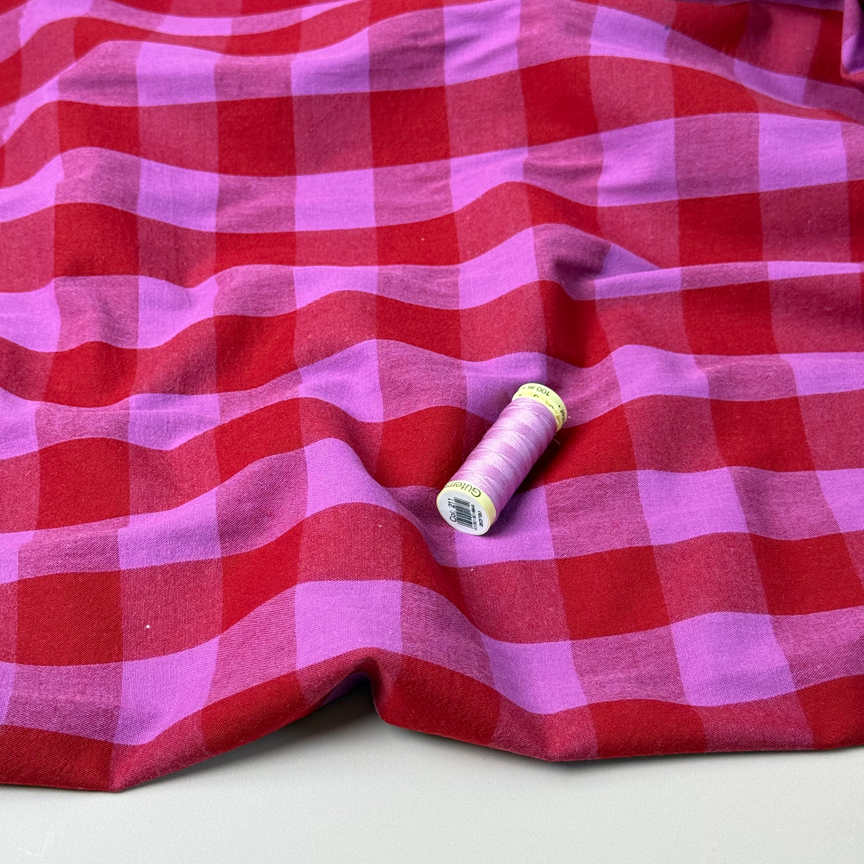 Yarn Dyed Washed Cotton Check Fabric in Red and Fuchsia