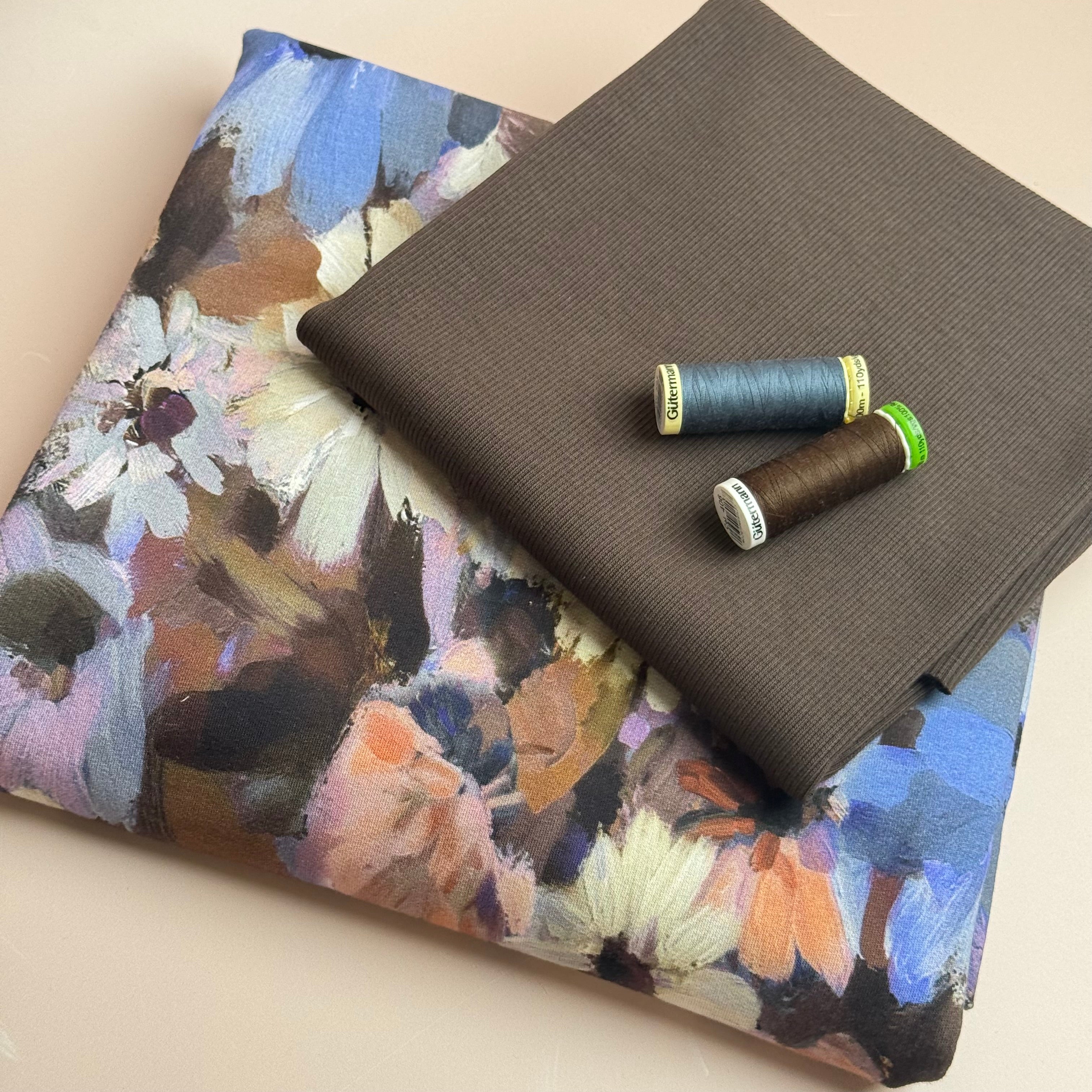 Colour Bundles - Painted Florals Brown Cotton French Terry & Matching Ribbing