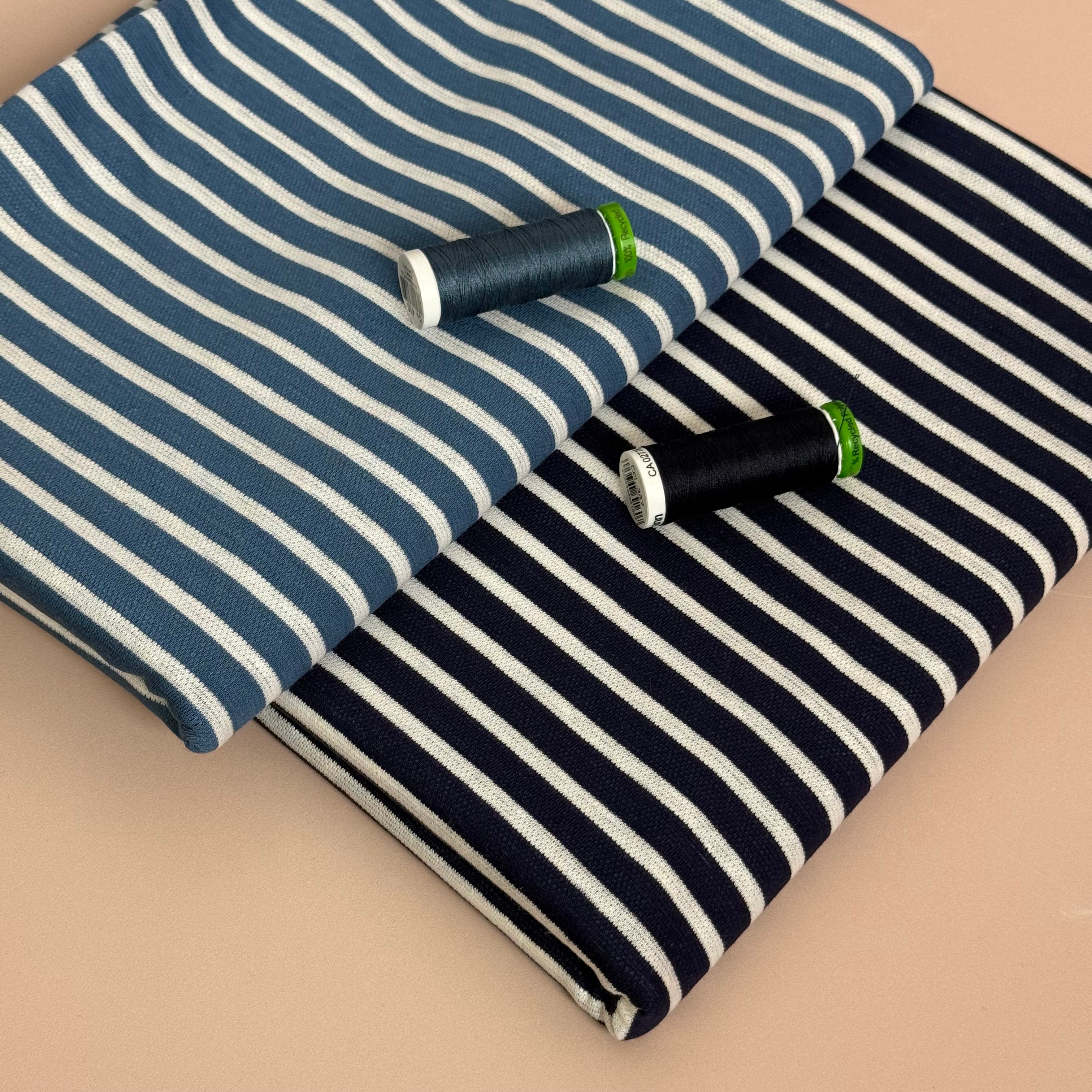 Ex-Designer Deadstock - Italian Linen Cotton blend jersey in Navy & White Stripes