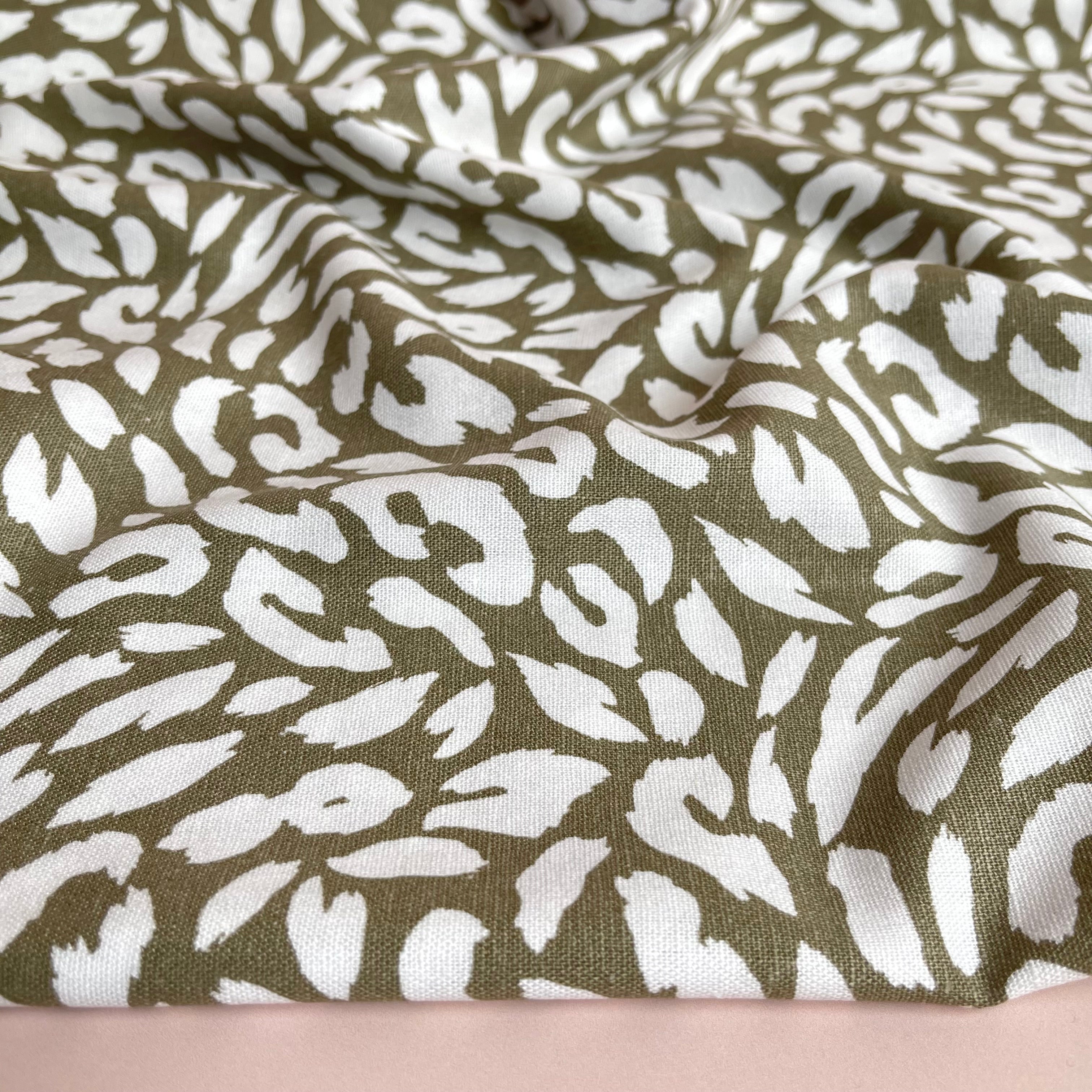REMNANT 1.65 Metres - Animal Print on Olive Green Linen Viscose Blend Fabric