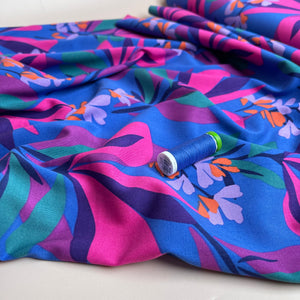 Nerida Hansen - Rosella Spring Garden on Royal Blue Stretch Viscose Twill Fabric