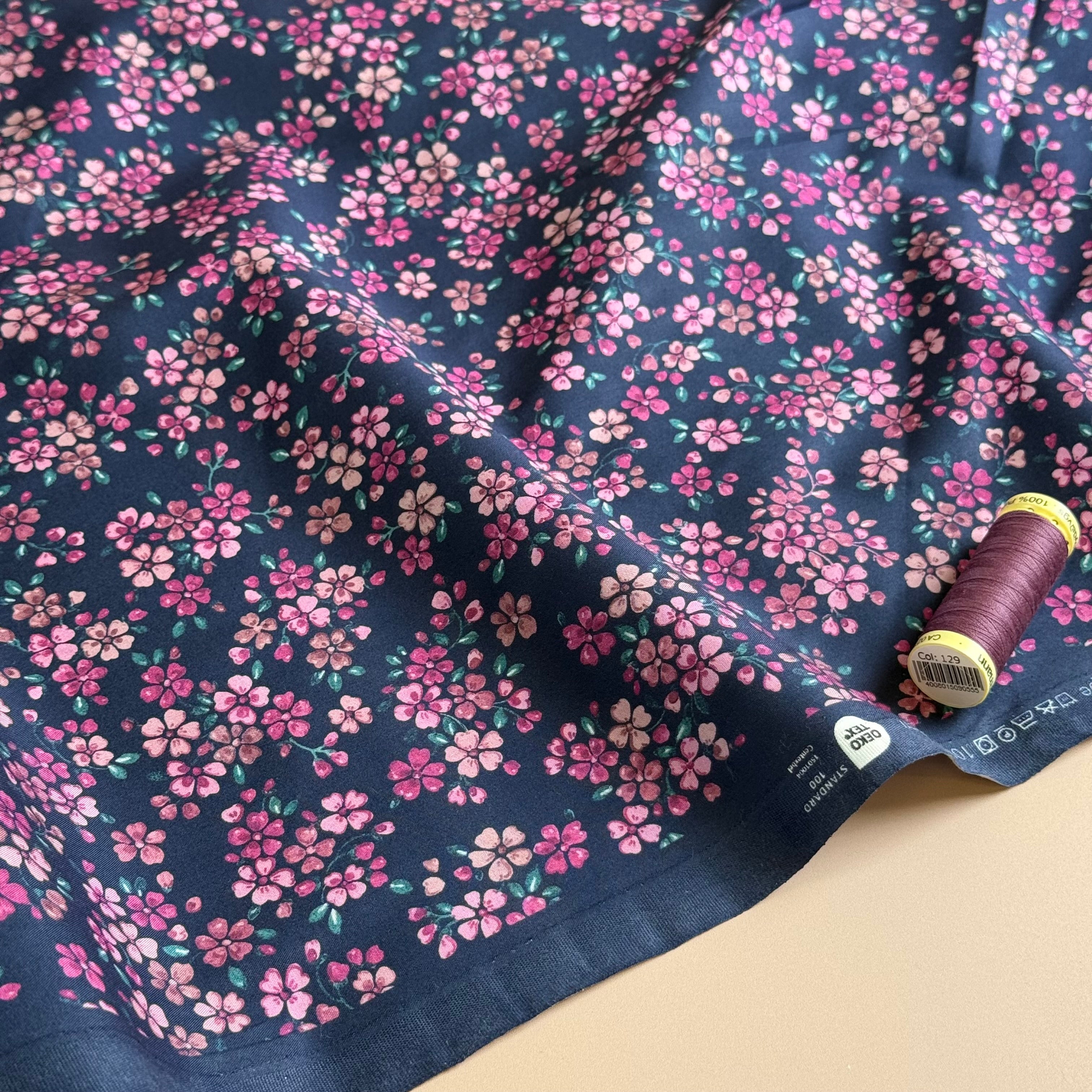 Ditsy Flowers on Navy Fine Cotton Poplin Fabric