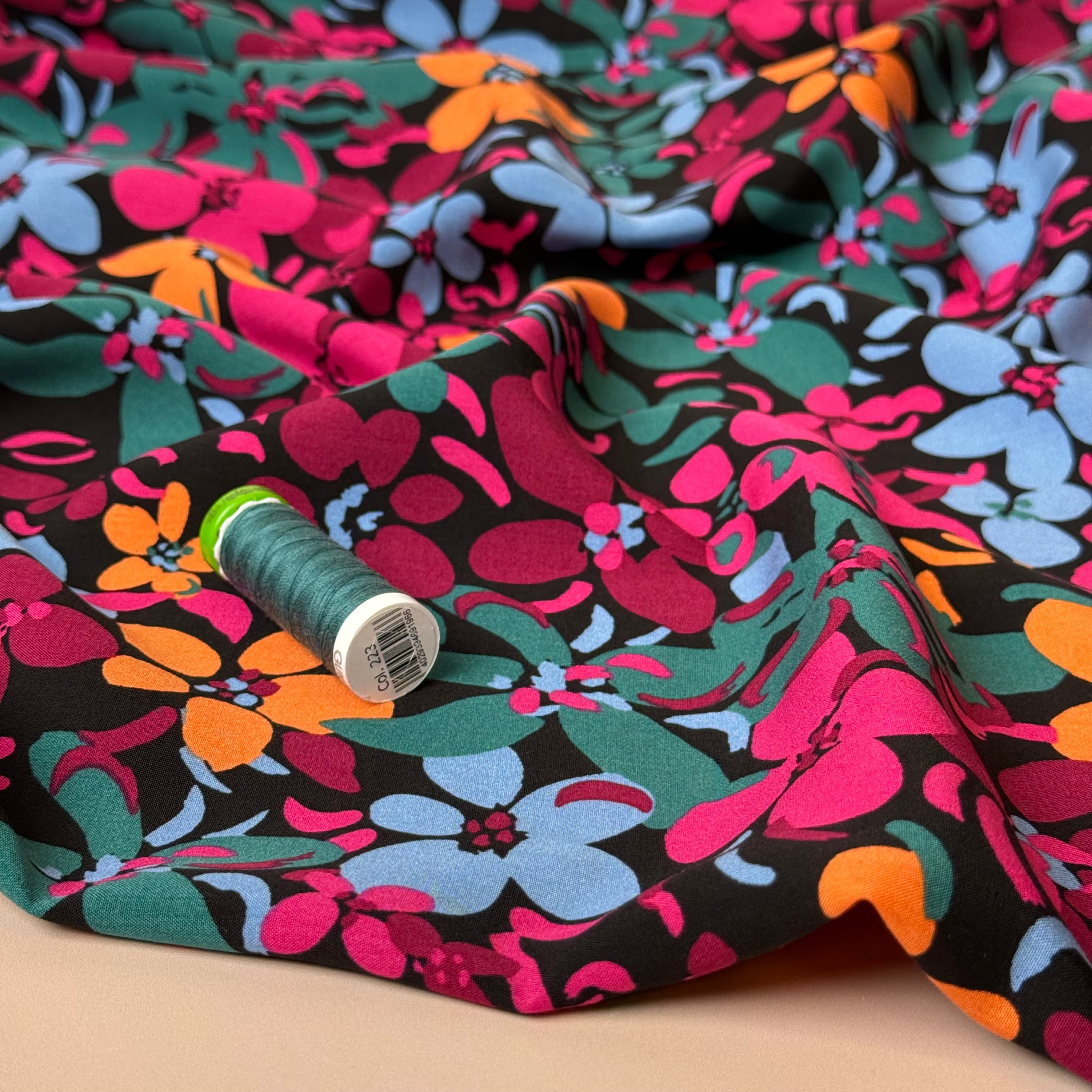 Graphic Floral Field Black Viscose Fabric