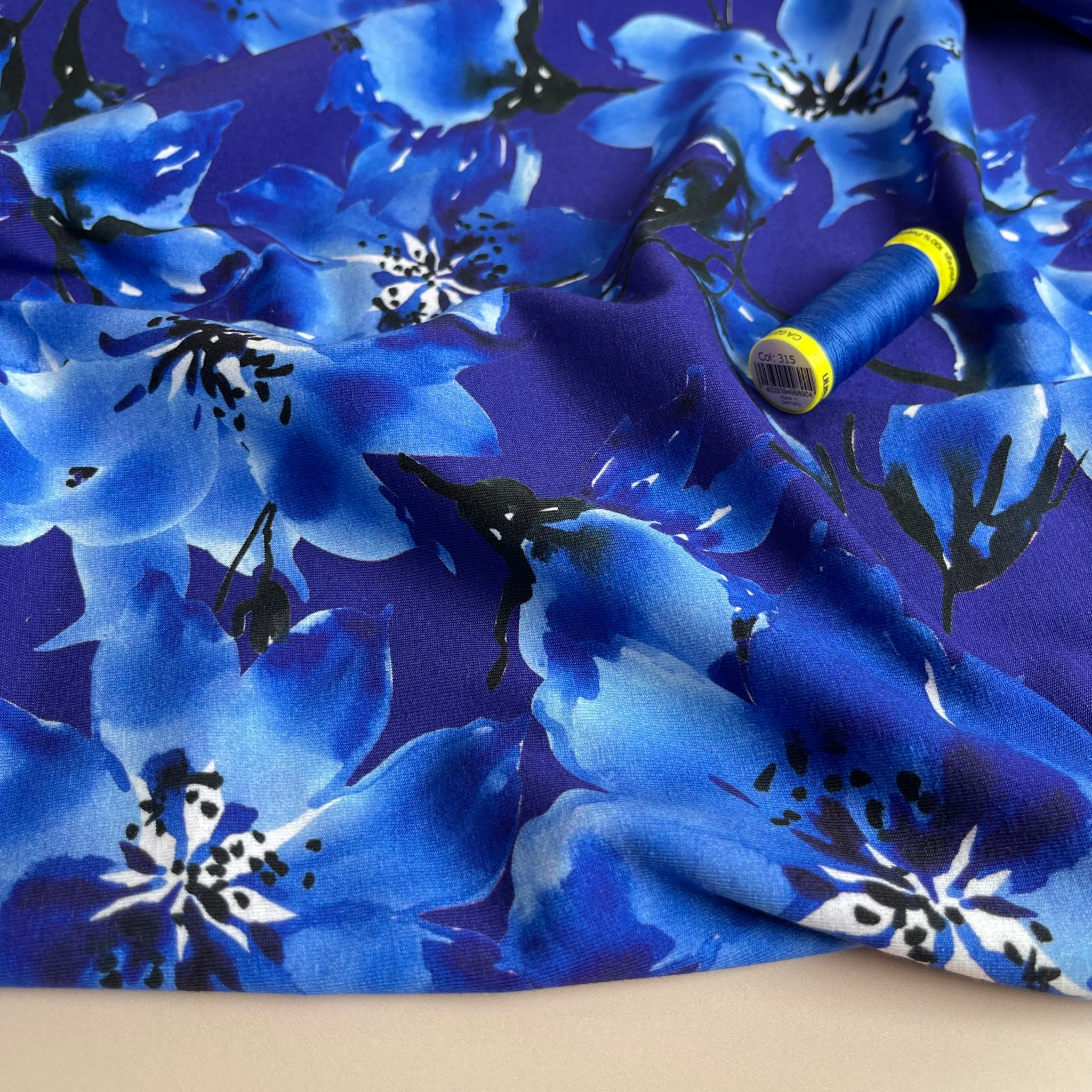 REMNANT 1.64 Metres - Danish Design - Watercolour Cobalt Blooms Cotton Jersey Fabric