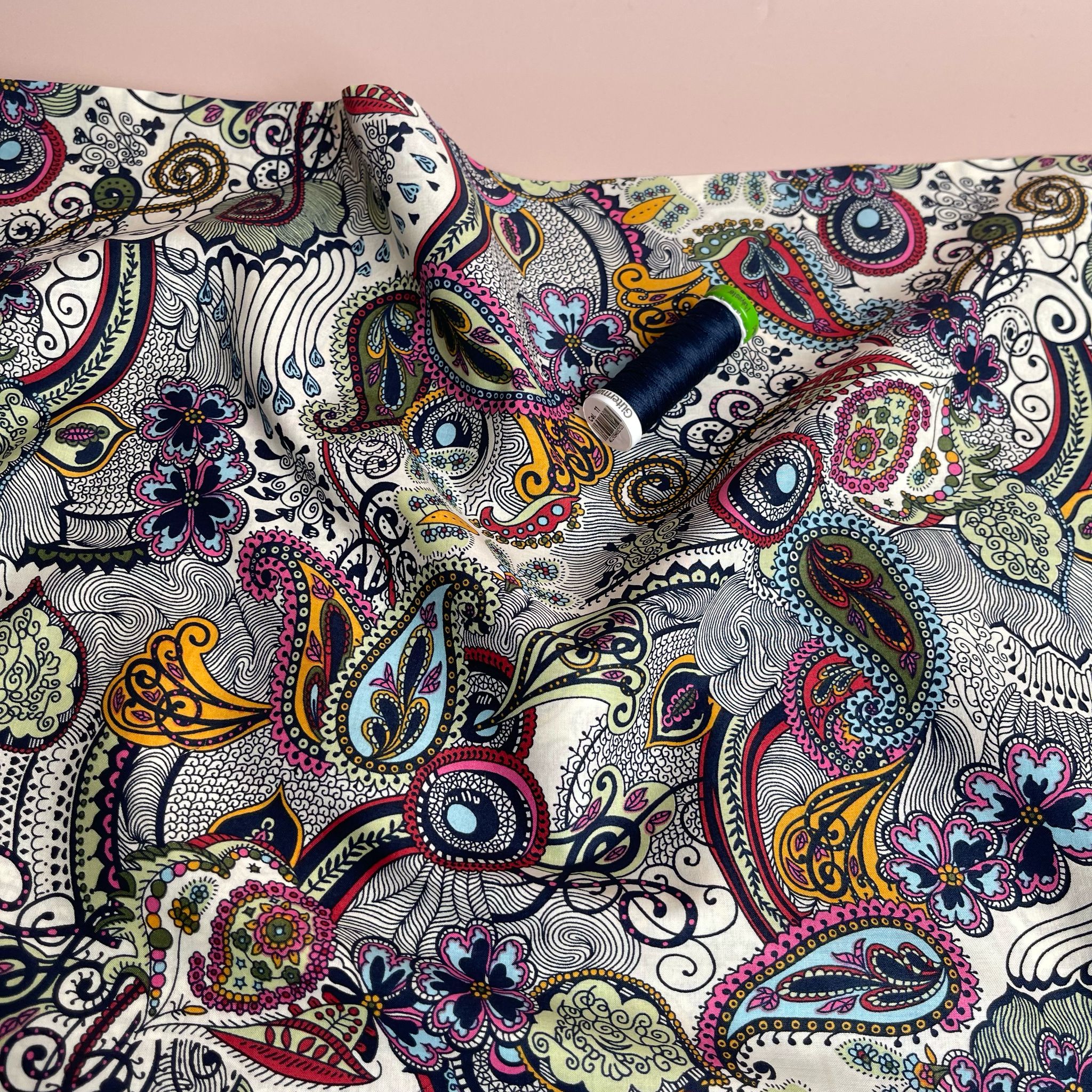 Summer Paisley on White Cotton Lawn Fabric