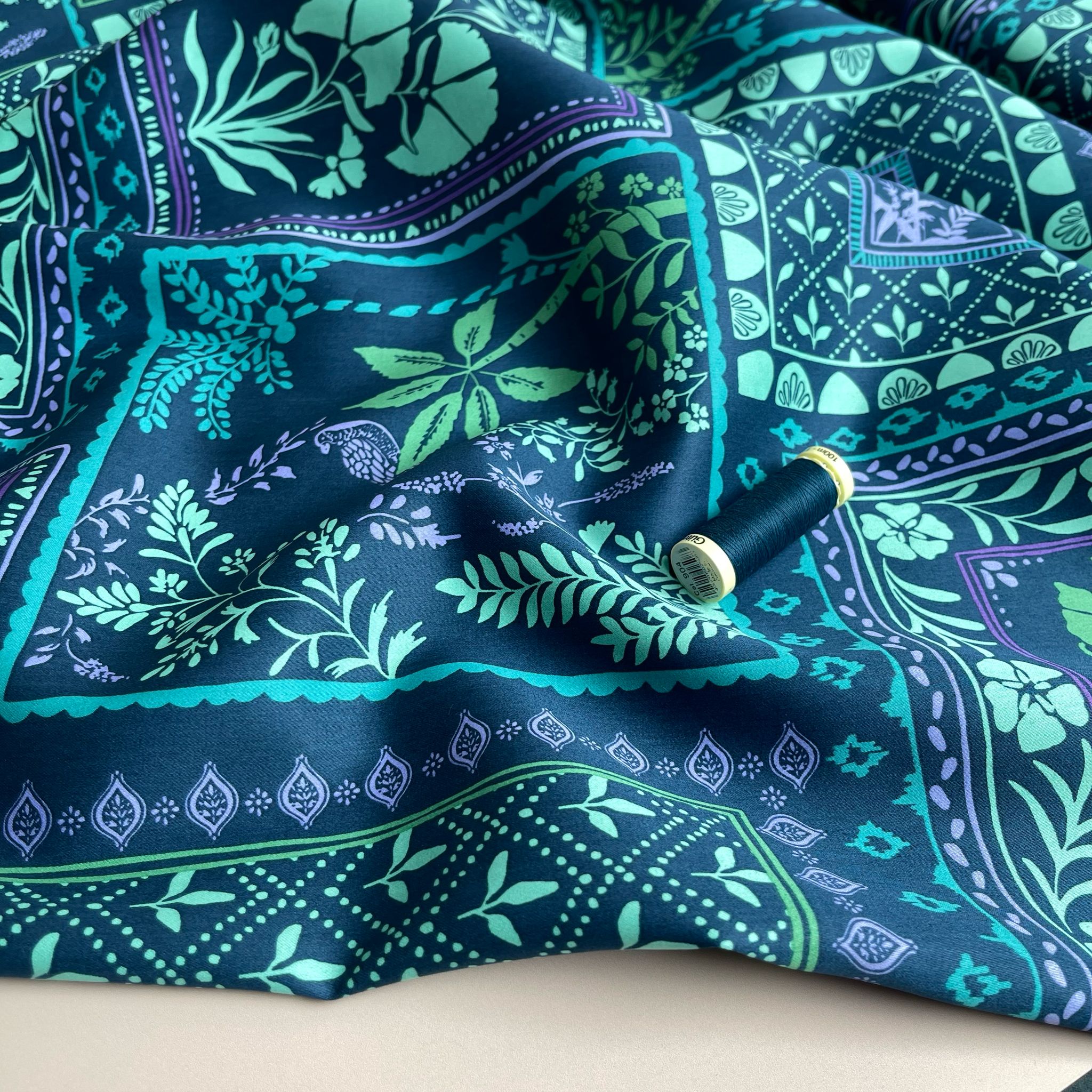 Patchwork Foliage Teal Cotton Sateen Fabric