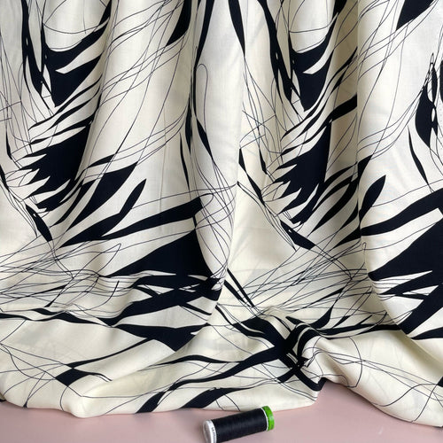 Doodle Lines Off-White Viscose Fabric
