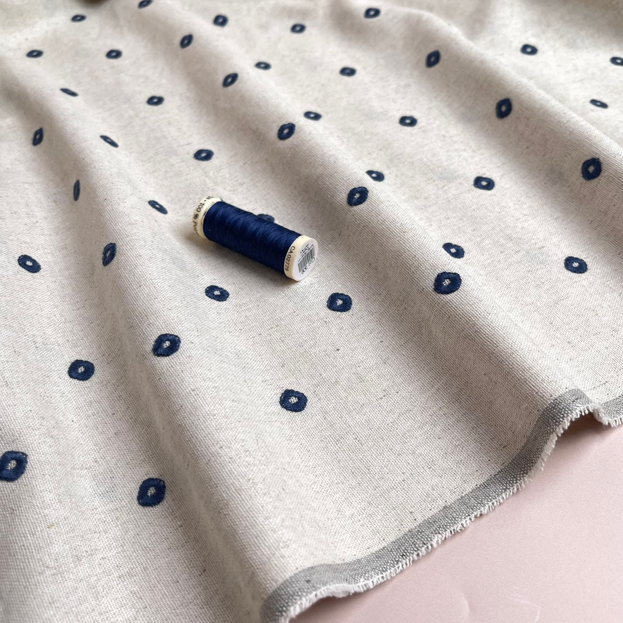 Embroidered Navy Circles on Natural Viscose Linen Blend Fabric