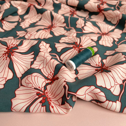 Pink Blooms on Green Viscose Fabric