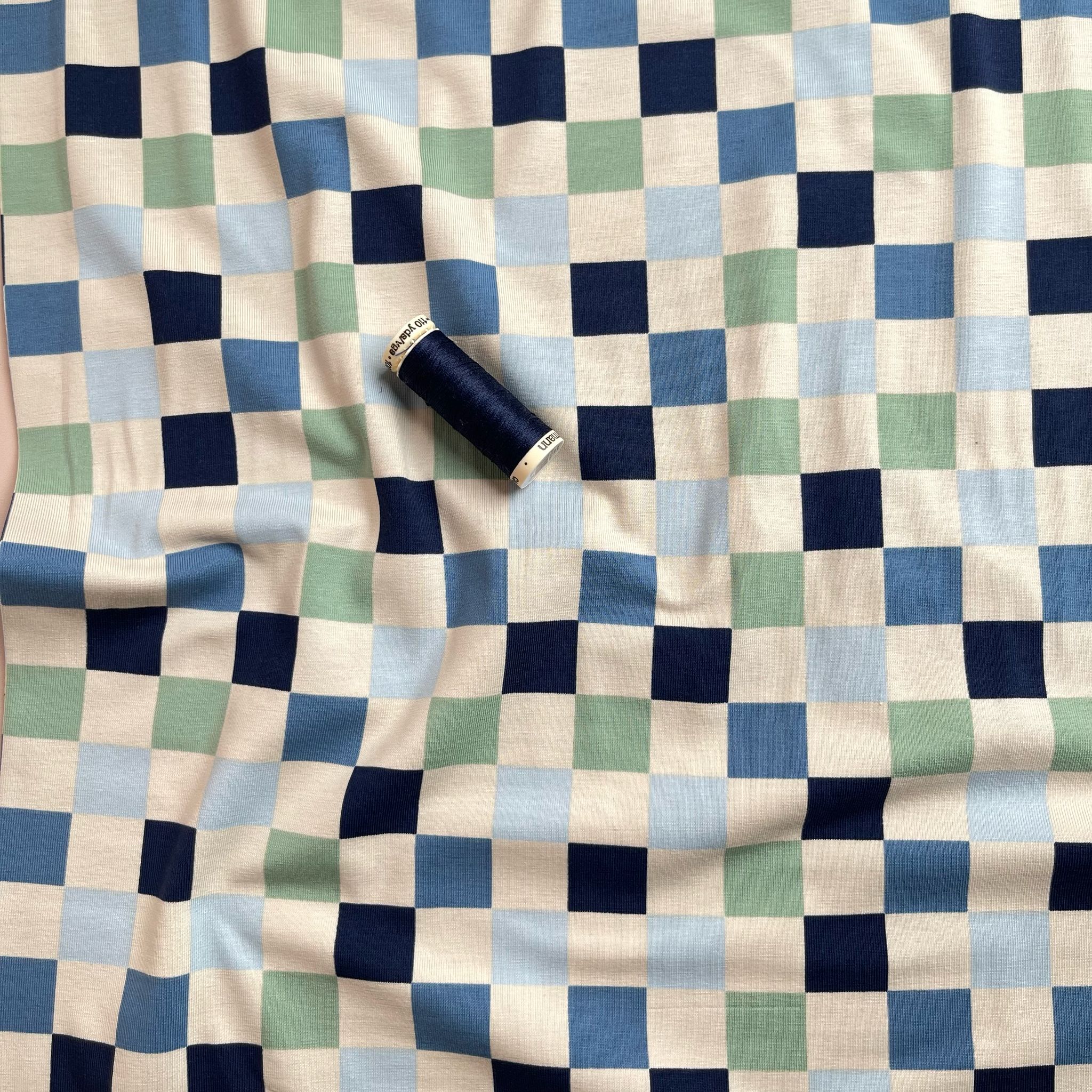 Checkers in Blue and Mint Cotton Jersey Fabric