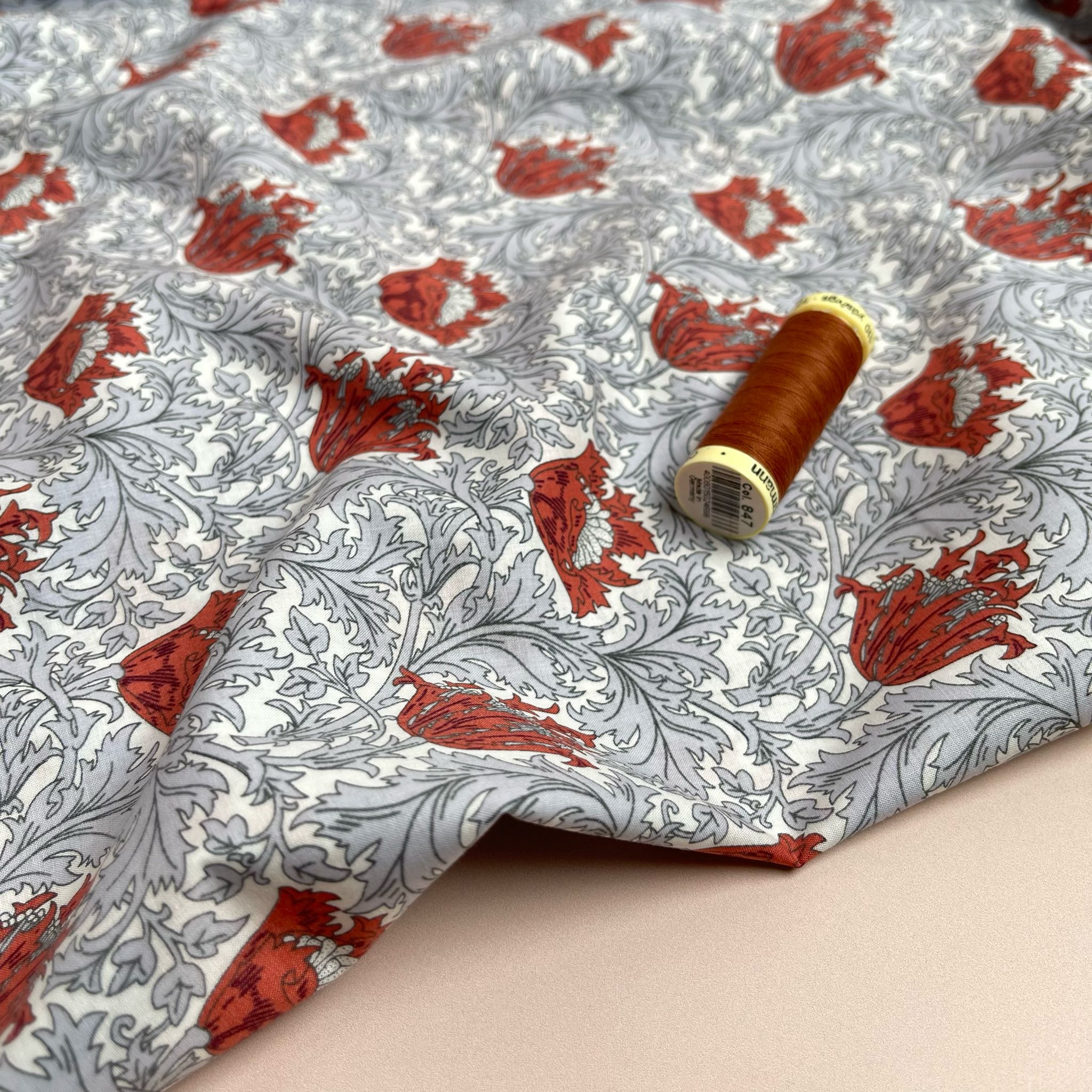 Morris Leaves Grey Cotton Lawn Fabric