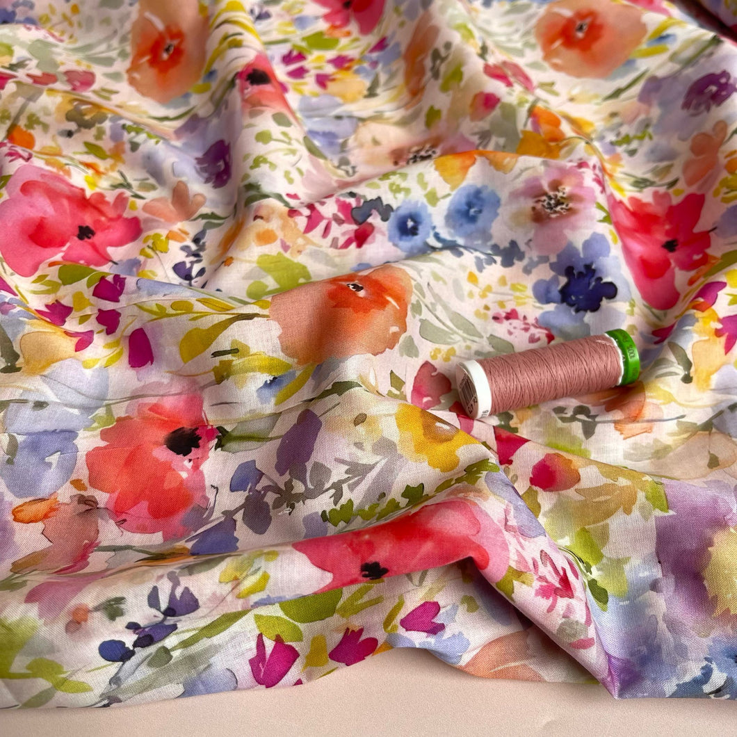 REMNANT 2.8 Metres - Watercolour Spring Meadow Cotton Voile Fabric