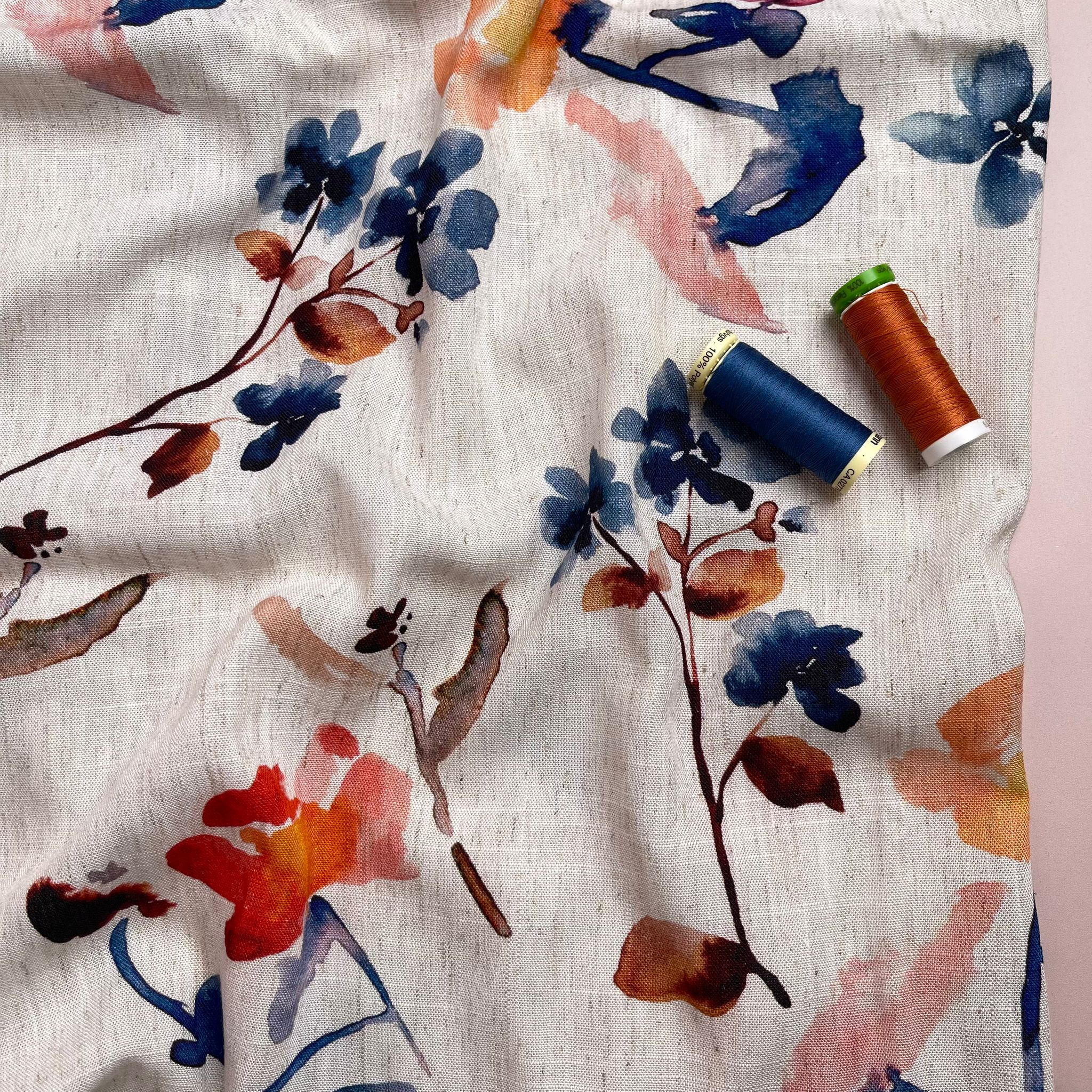 Apricot and Blue Florals Viscose Linen Fabric