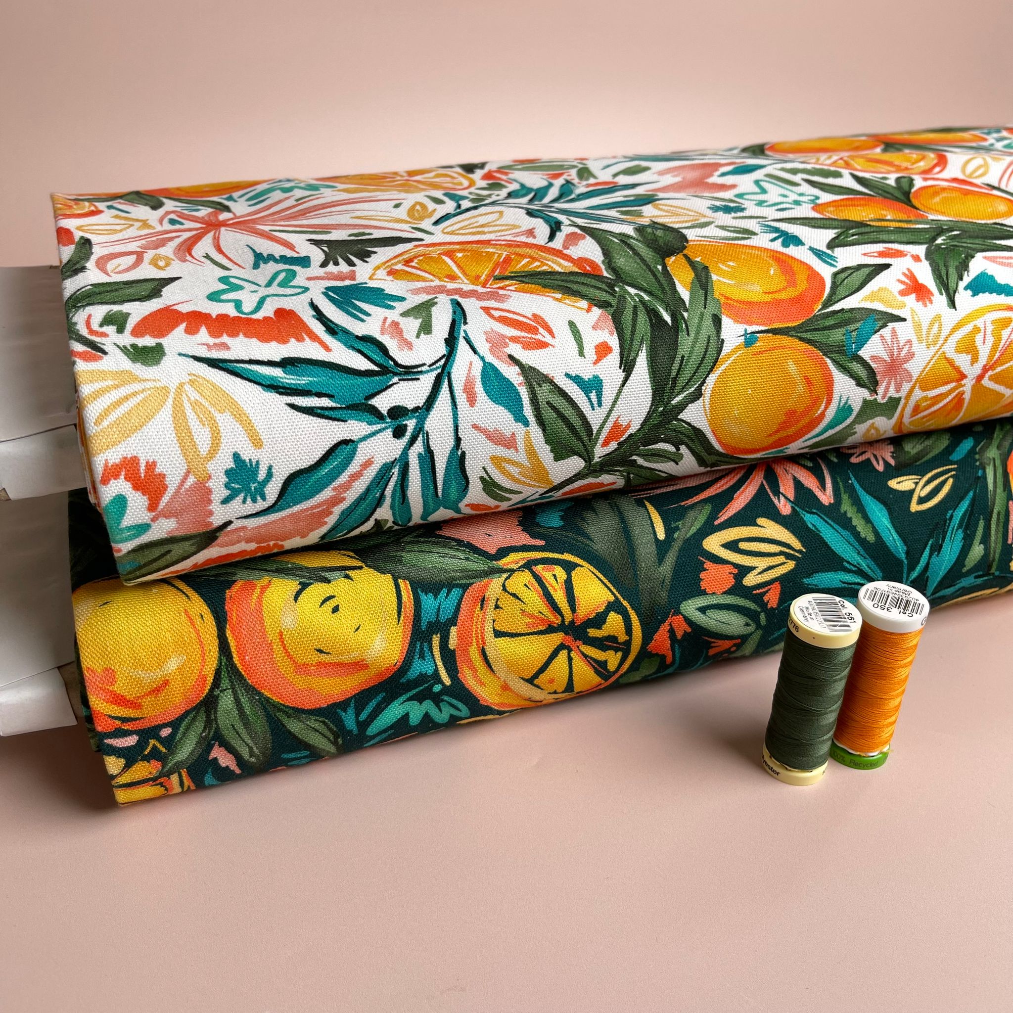 Orange Grove on Bottle Green Cotton Canvas Fabric