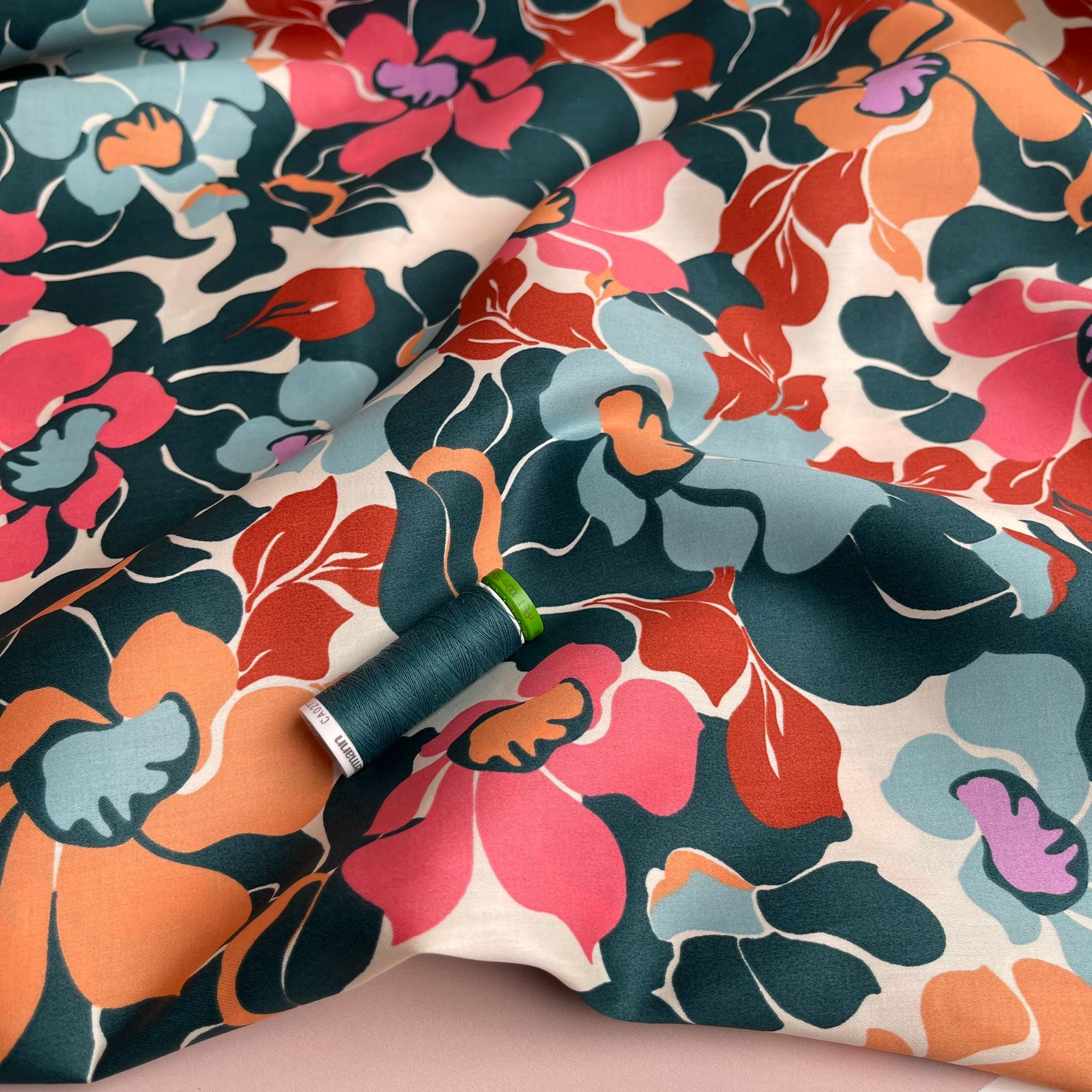 Abstract Coral and Blue Blooms Cotton Sateen Fabric