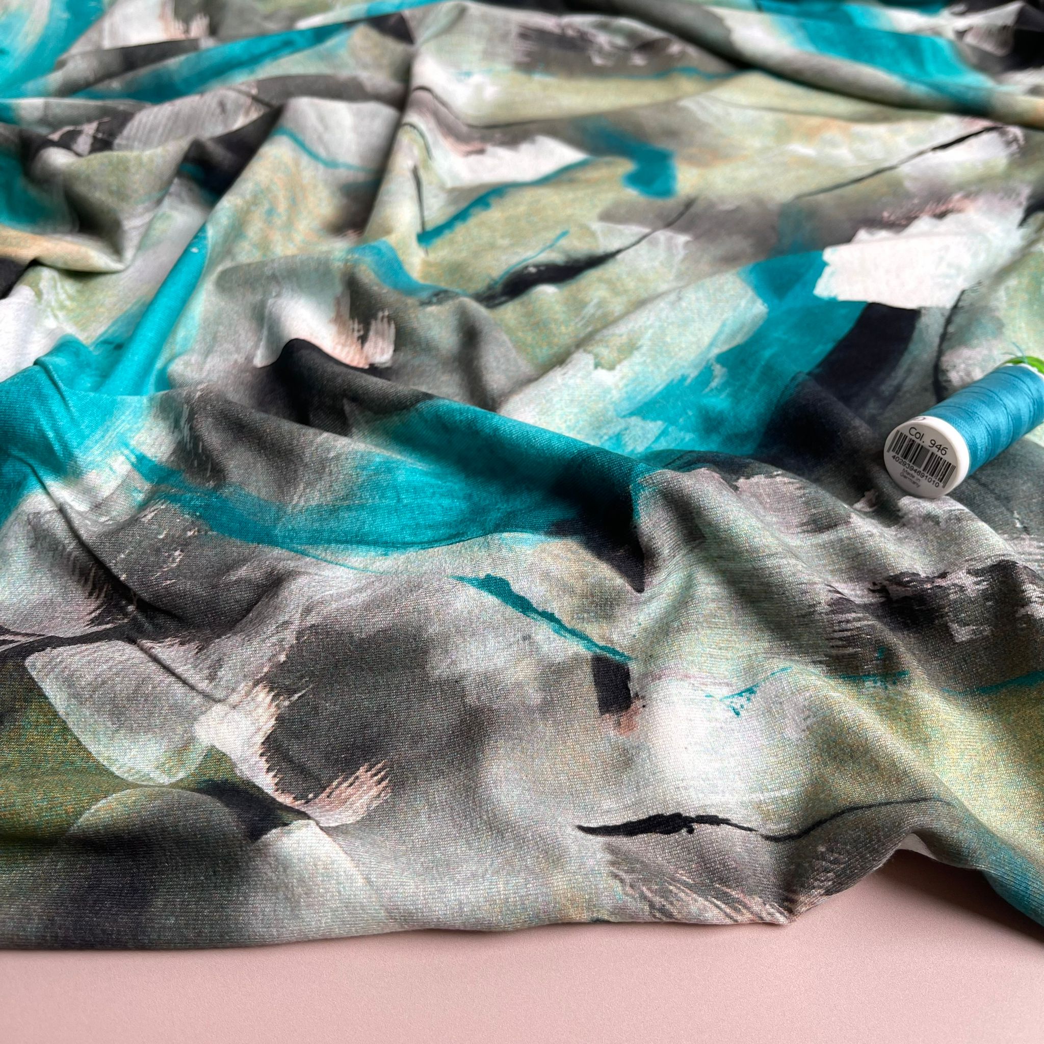 Abstract Painting in Turquoise and Olive Viscose Jersey Fabric