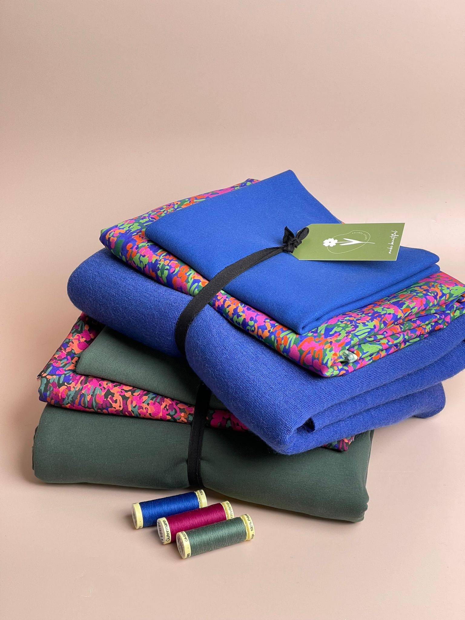 Make an Outfit Colour Bundle - Colourful Garden ECOVERO Viscose & Blue Sweater Knit with ribbing