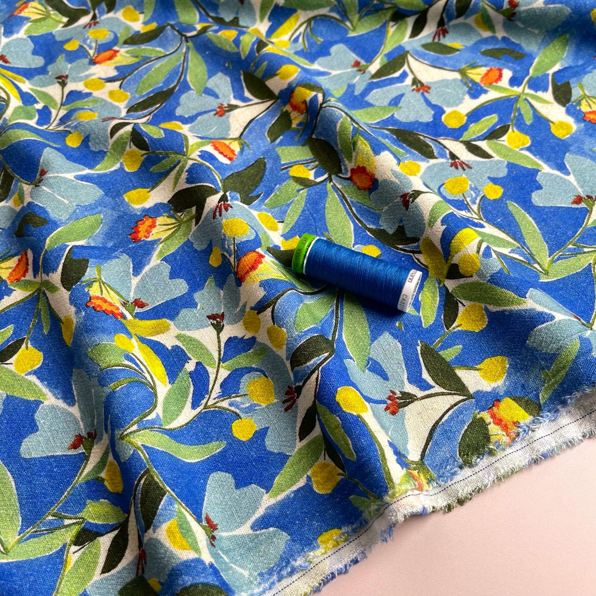 Tropical Ocean Florals Viscose Linen Crepe Fabric