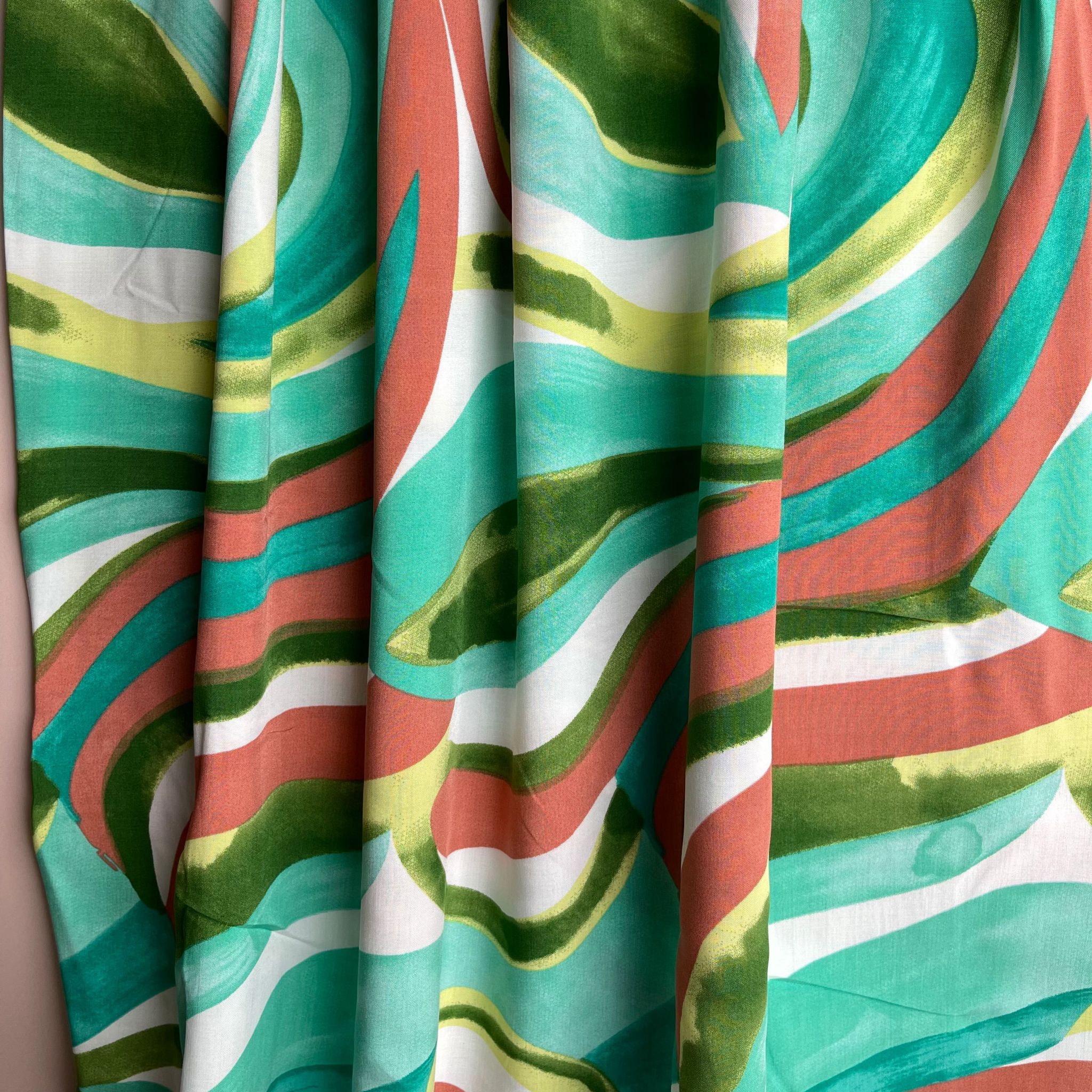 Abstract Waves Green Viscose Poplin Fabric