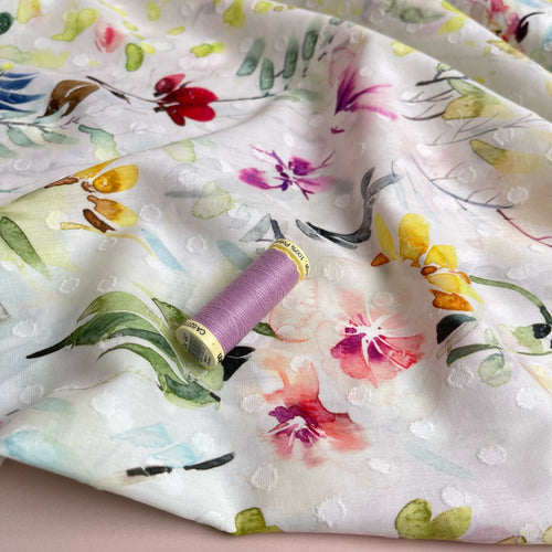 Watercolour Meadow Embroidered Cotton Dobby Fabric