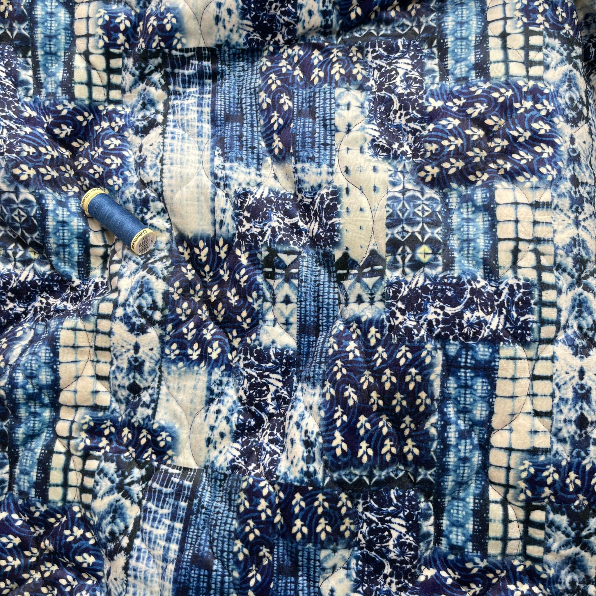 REMNANT 1.03 Metres - Patchwork Navy Blue Quilted Velvet Fabric